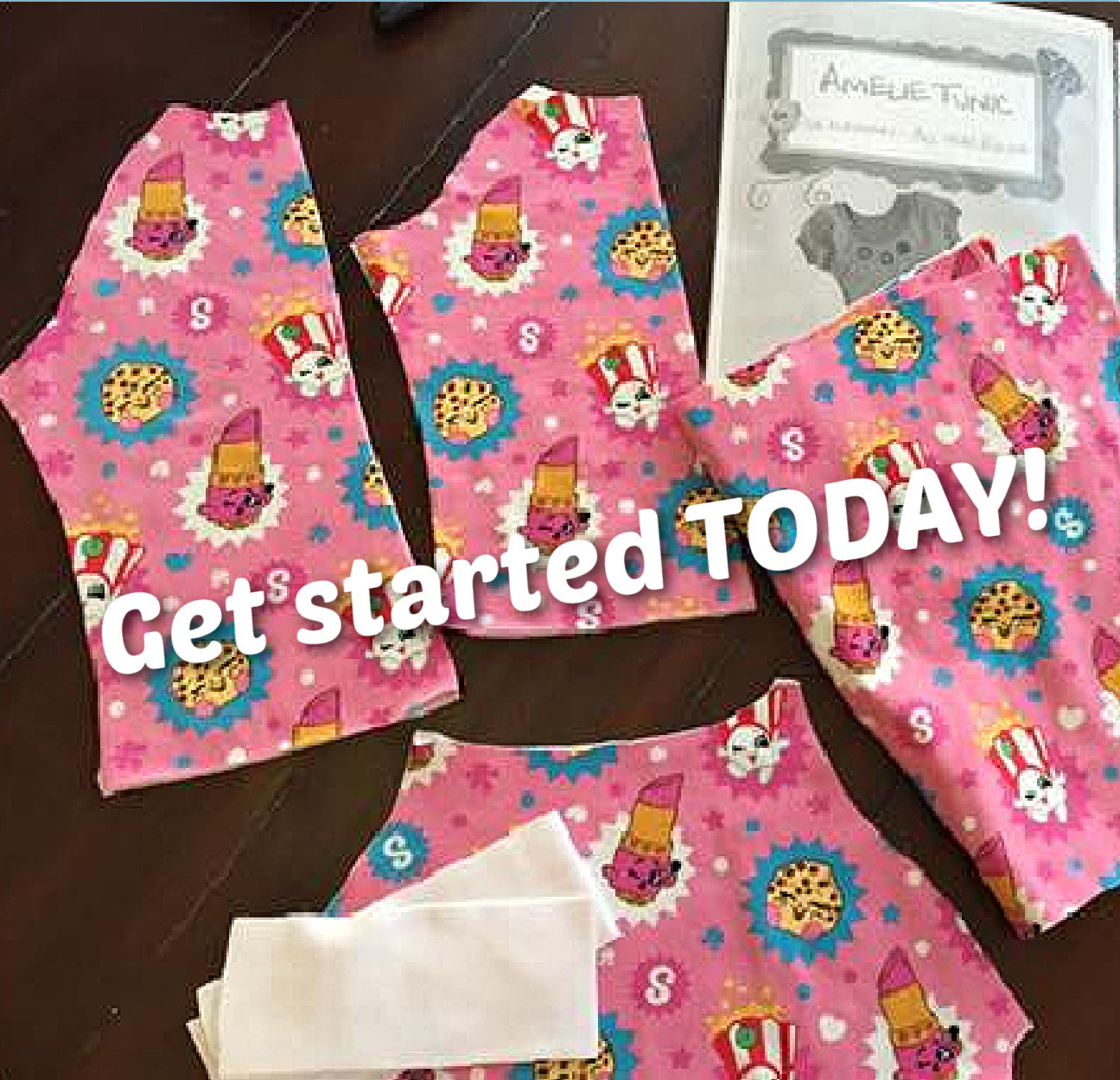 Amelie raglan dress, pdf sewing pattern by Frocks & Frolics. Raglan puff sleeves and ribbed neckband. Low gathered waist. Dress in Jersey with kiddo pink print and white trim.