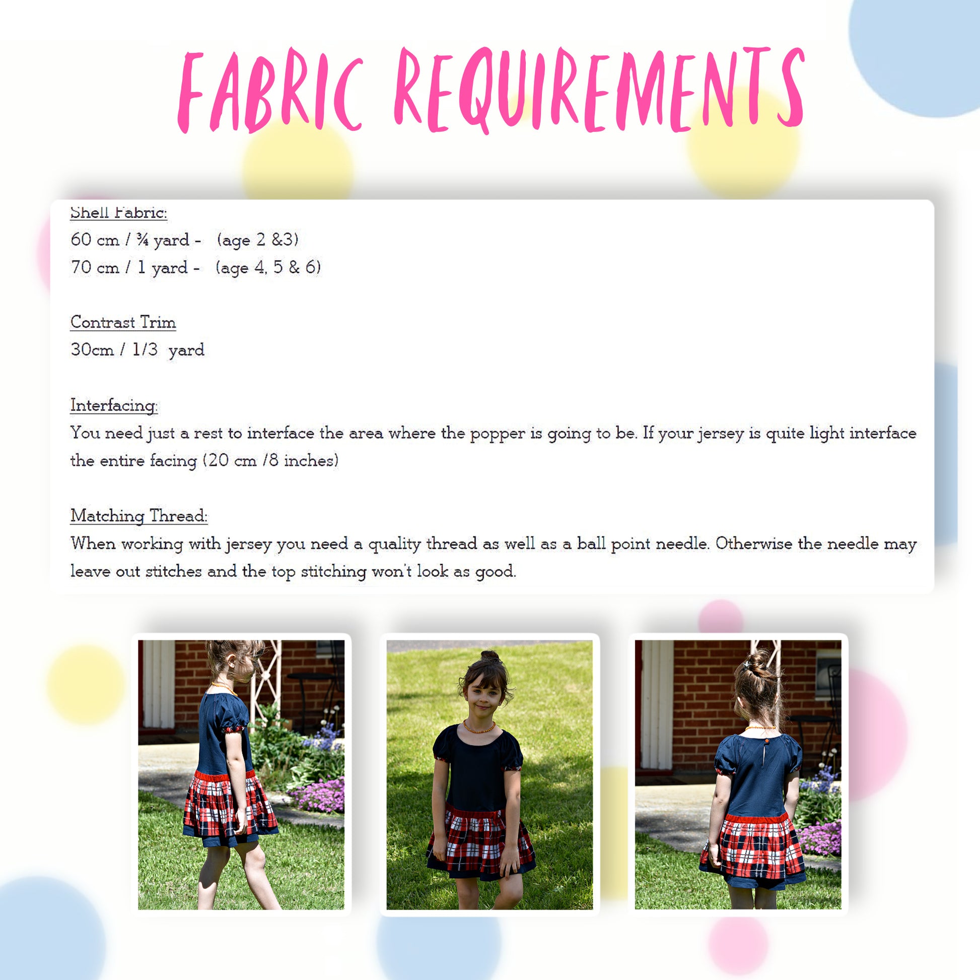 Amelie raglan dress, pdf sewing pattern by Frocks & Frolics. Raglan puff sleeves and ribbed neckband. Low gathered waist. Dress in Jersey with kiddo pink print and white trim.