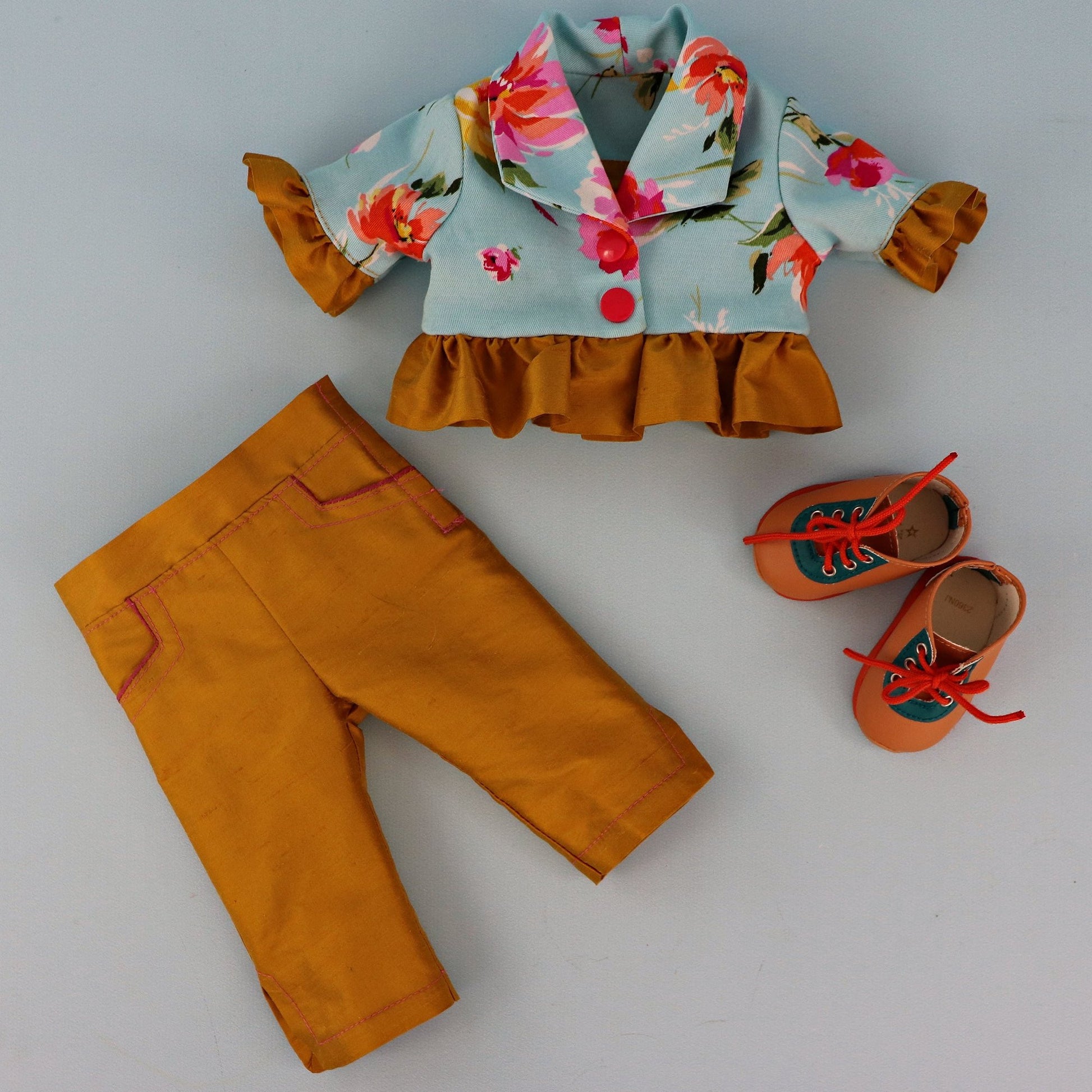 American Girl Doll pdf sewing pattern, pants, capri pants, Bolero with a frill combo, with detailed video tutorial.