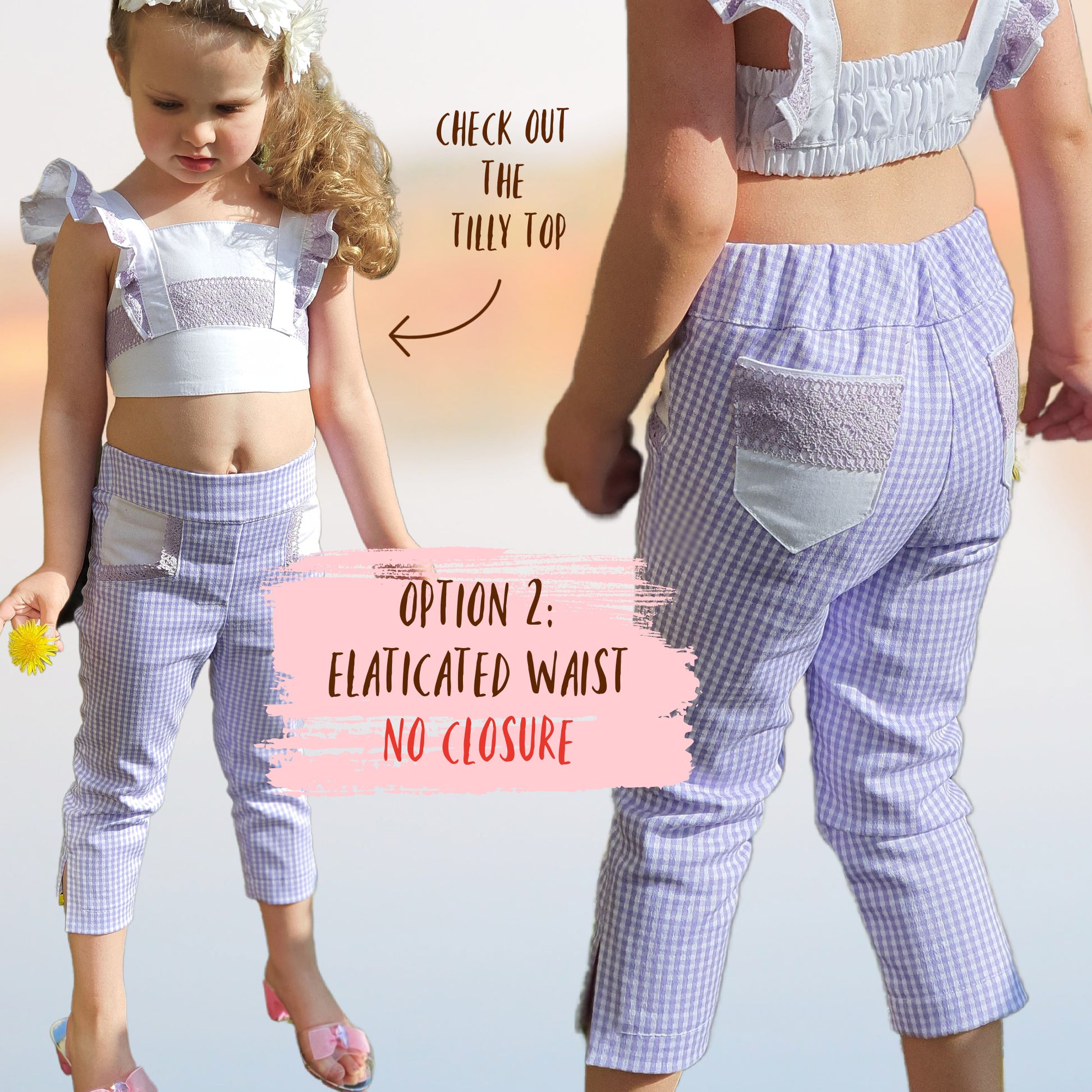 Audrey Capri pants pdf sewing pattern. In classic Gingham with vintage pockets and slim cut legs. Classic side vents at the hem. This pattern comes with a video sewing course.