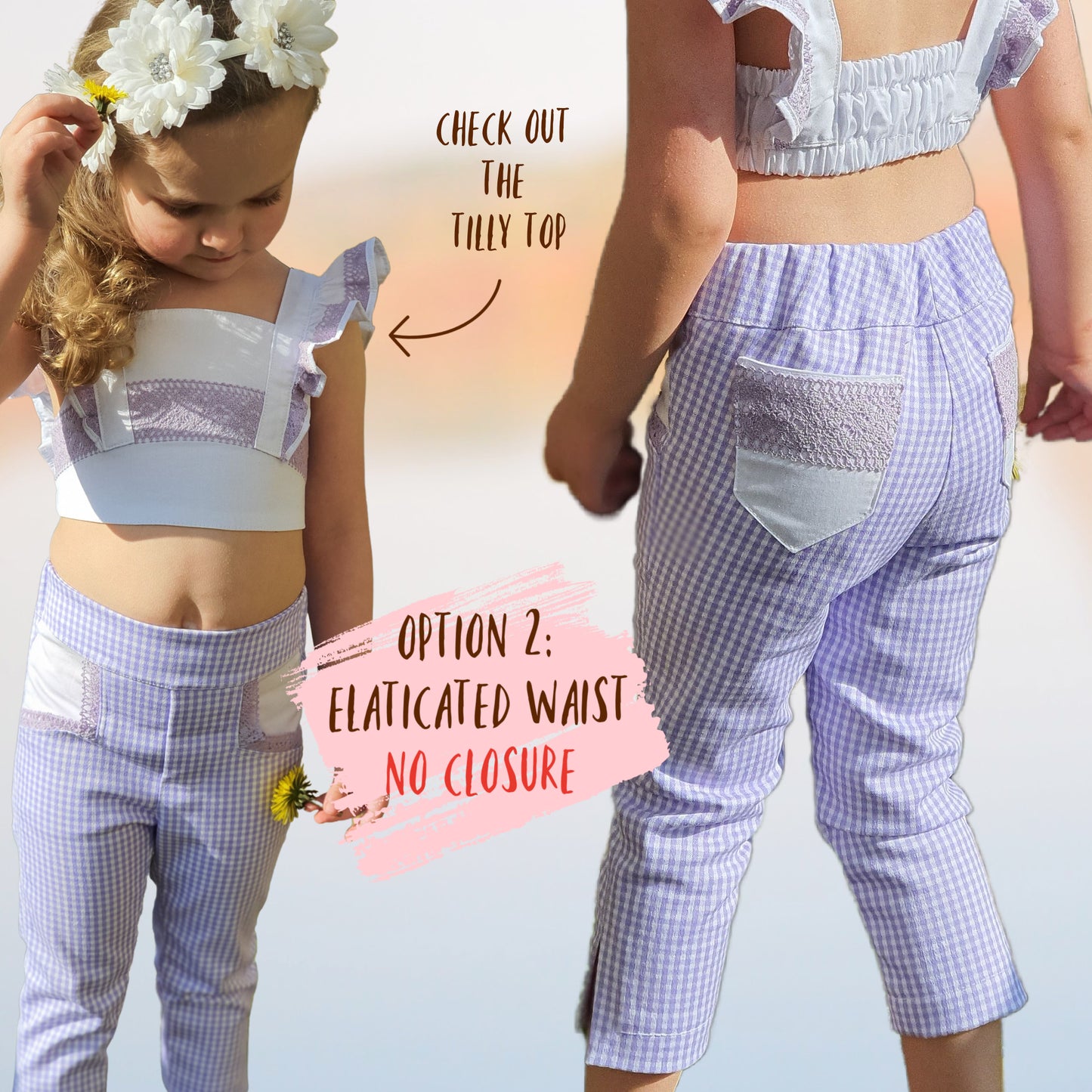 Audrey Capri pants pdf sewing pattern. In classic Gingham with vintage pockets and slim cut legs. Classic side vents at the hem. This pattern comes with a video sewing course.