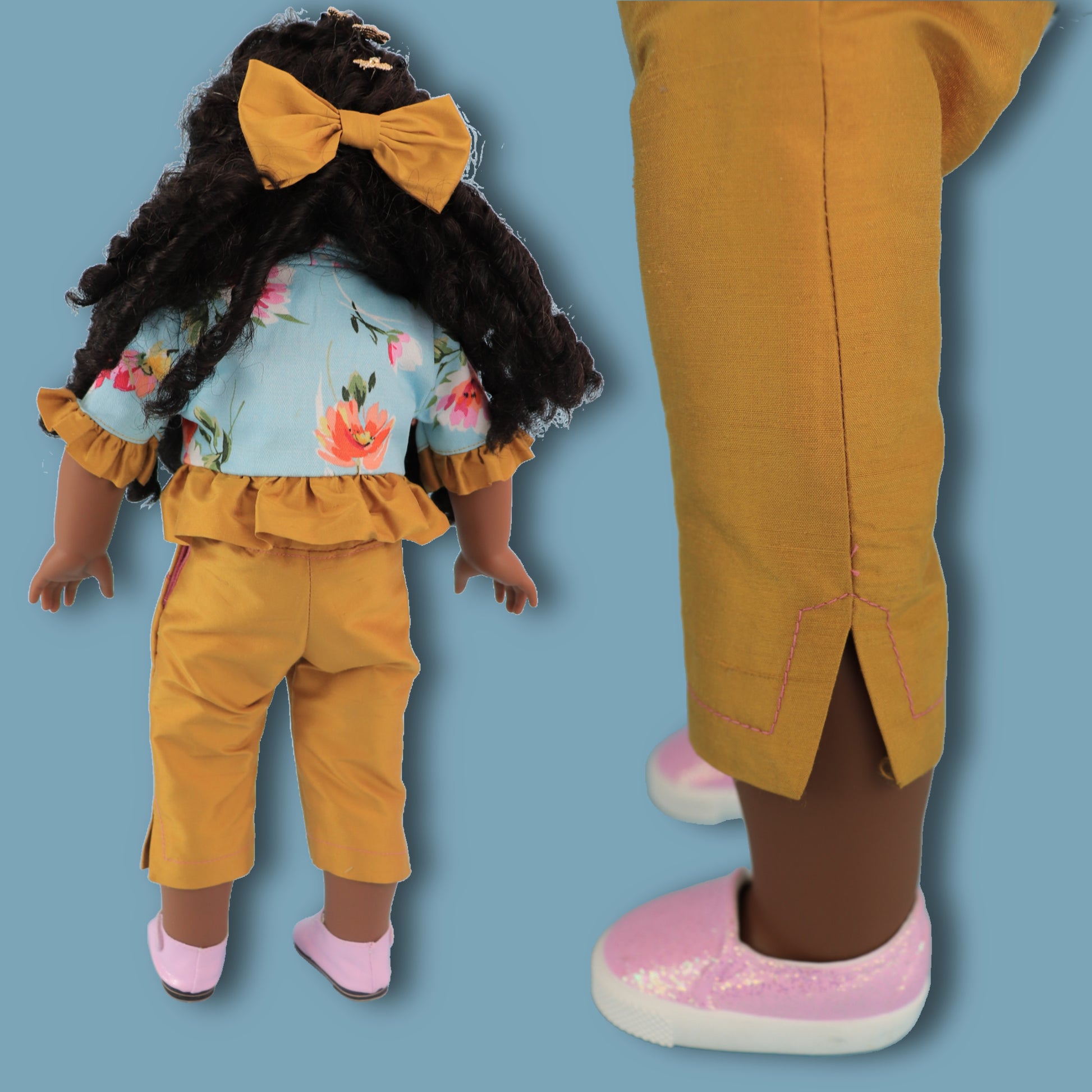 American Girl Doll pdf sewing pattern, pants, capri pants, with detailed video tutorial. In mustard silk and faux side pockets.