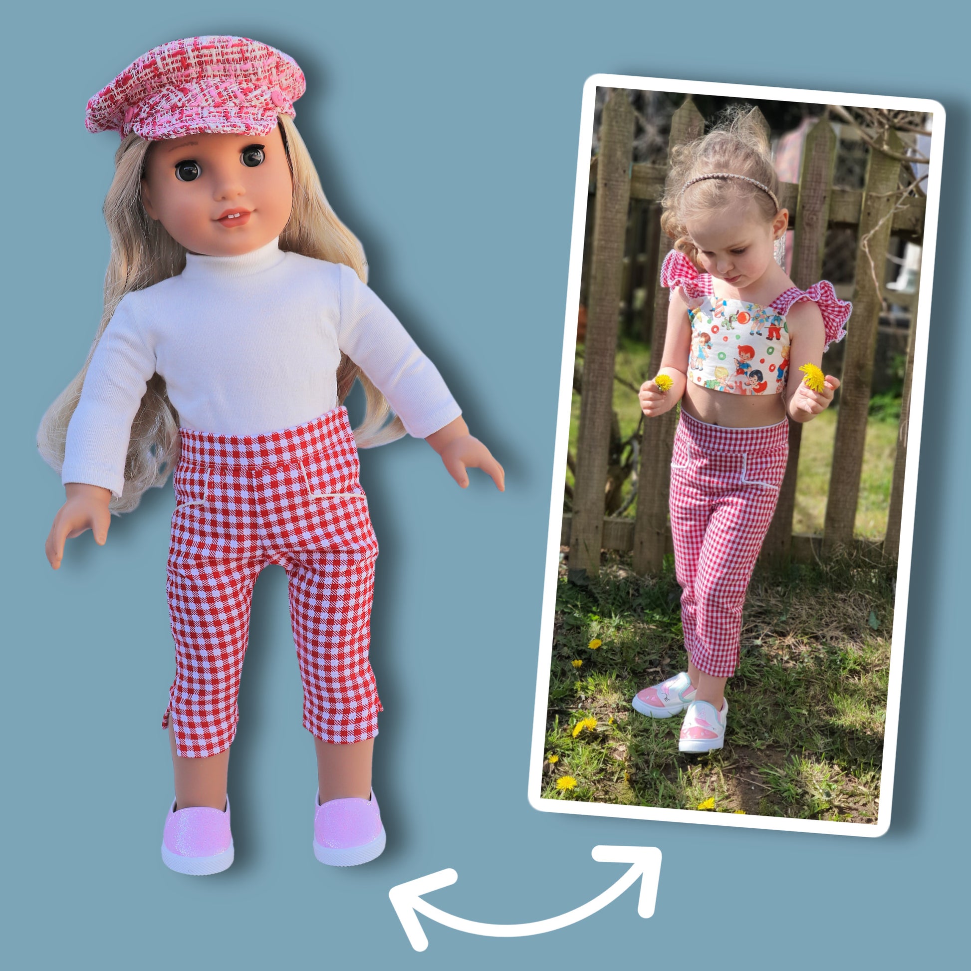 American Girl Doll pdf sewing pattern, pants, capri pants, with detailed video tutorial. Also available for girls age 1-12.