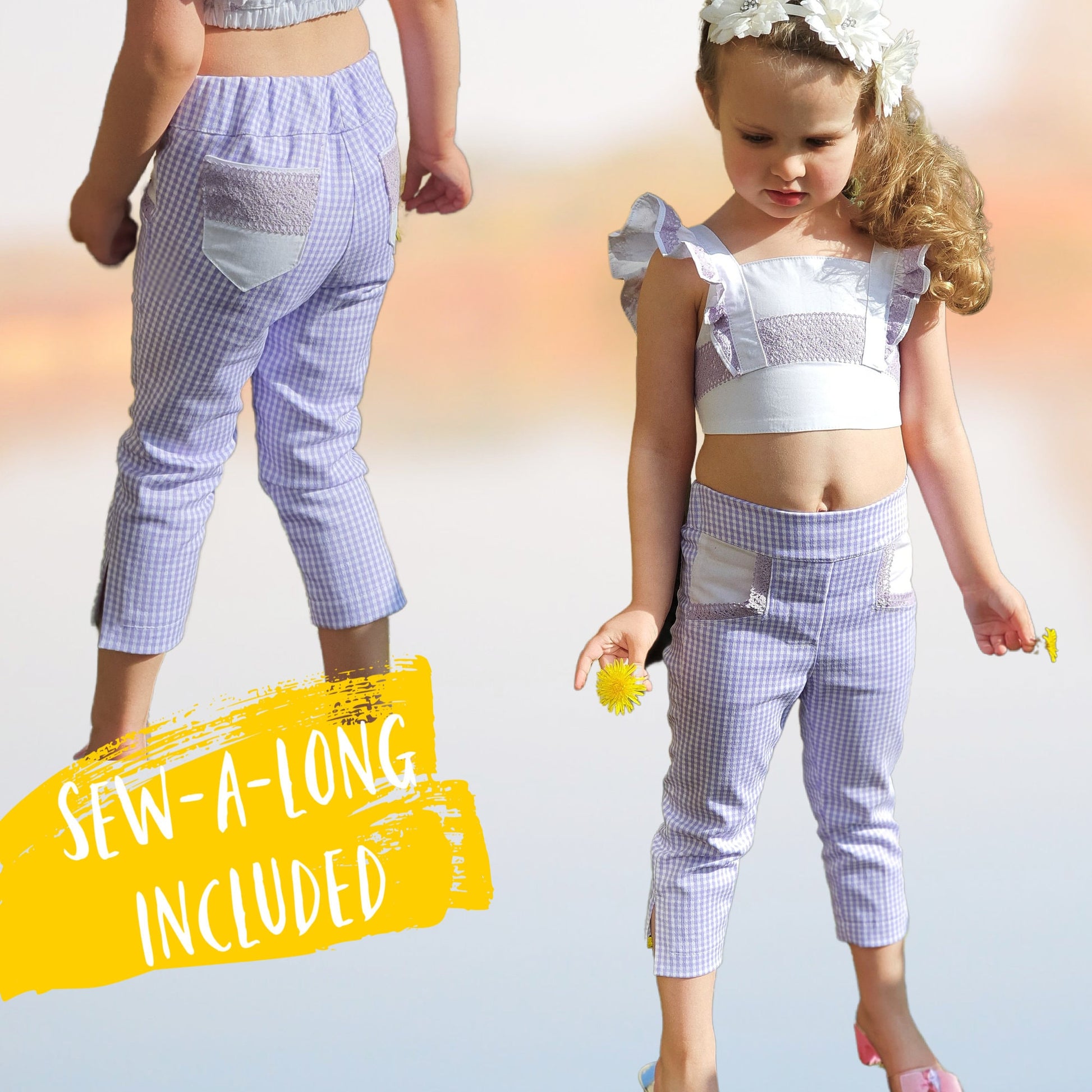 Audrey Capri pants pdf sewing pattern. In classic Gingham with vintage pockets and slim cut legs. Classic side vents at the hem. This pattern comes with a video sewing course.