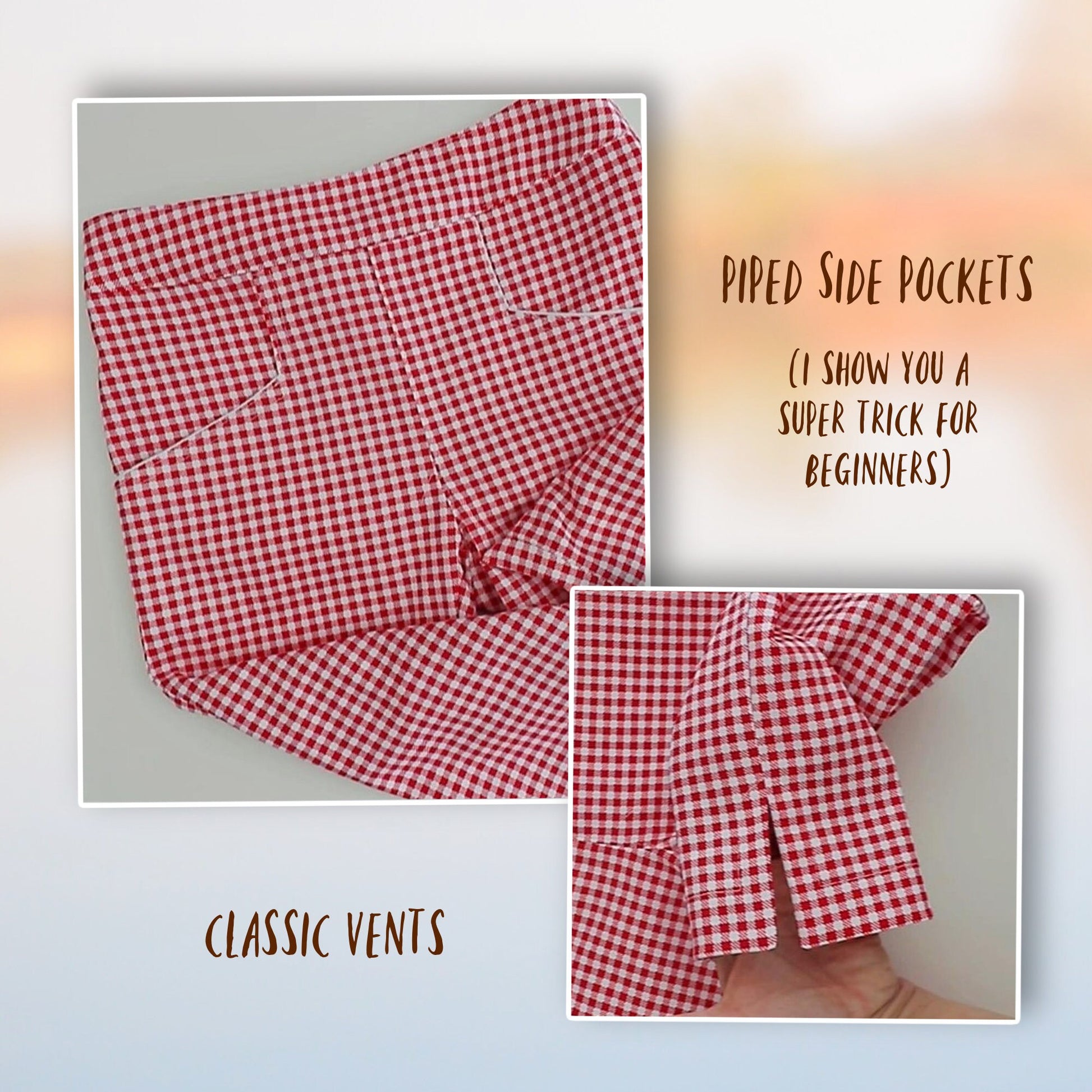 Audrey Capri pants pdf sewing pattern. In classic Gingham with vintage pockets and slim cut legs. Classic side vents at the hem. This pattern comes with a video sewing course.