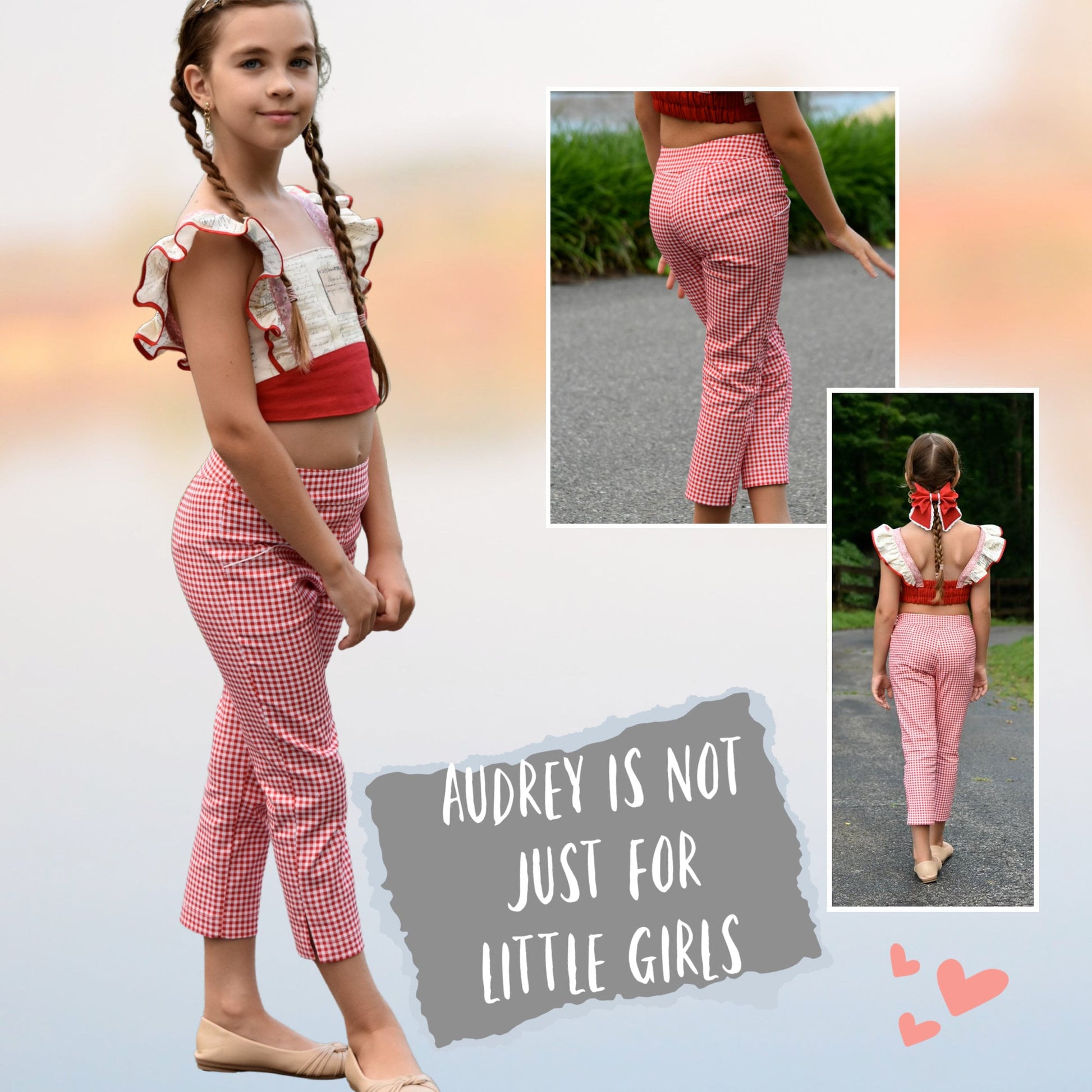Audrey Capri pants pdf sewing pattern. In classic Gingham with vintage pockets and slim cut legs. Classic side vents at the hem. This pattern comes with a video sewing course.