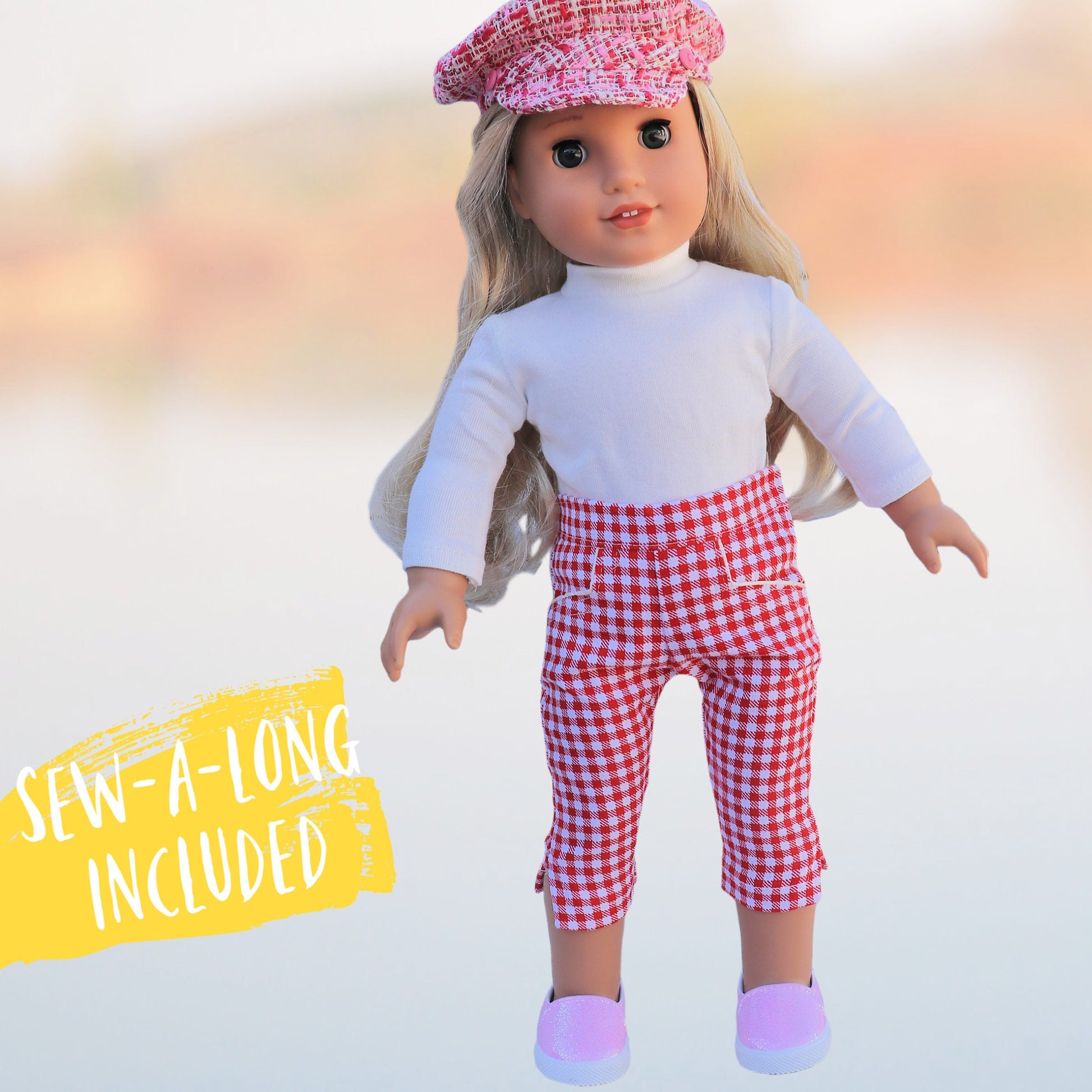 Audrey Capri pants, American girl pdf sewing pattern. Fits 18 inch dolls. Faux pockets, flat front waistband, elasticated in the back. Velcro closure. Comes with video tutorial.