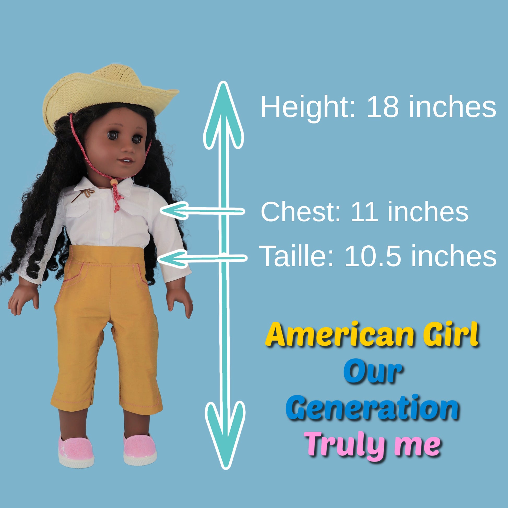 Audrey Capri pants, American girl pdf sewing pattern. Fits 18 inch dolls. Faux pockets, flat front waistband, elasticated in the back. Velcro closure. Comes with video tutorial. Size chart.