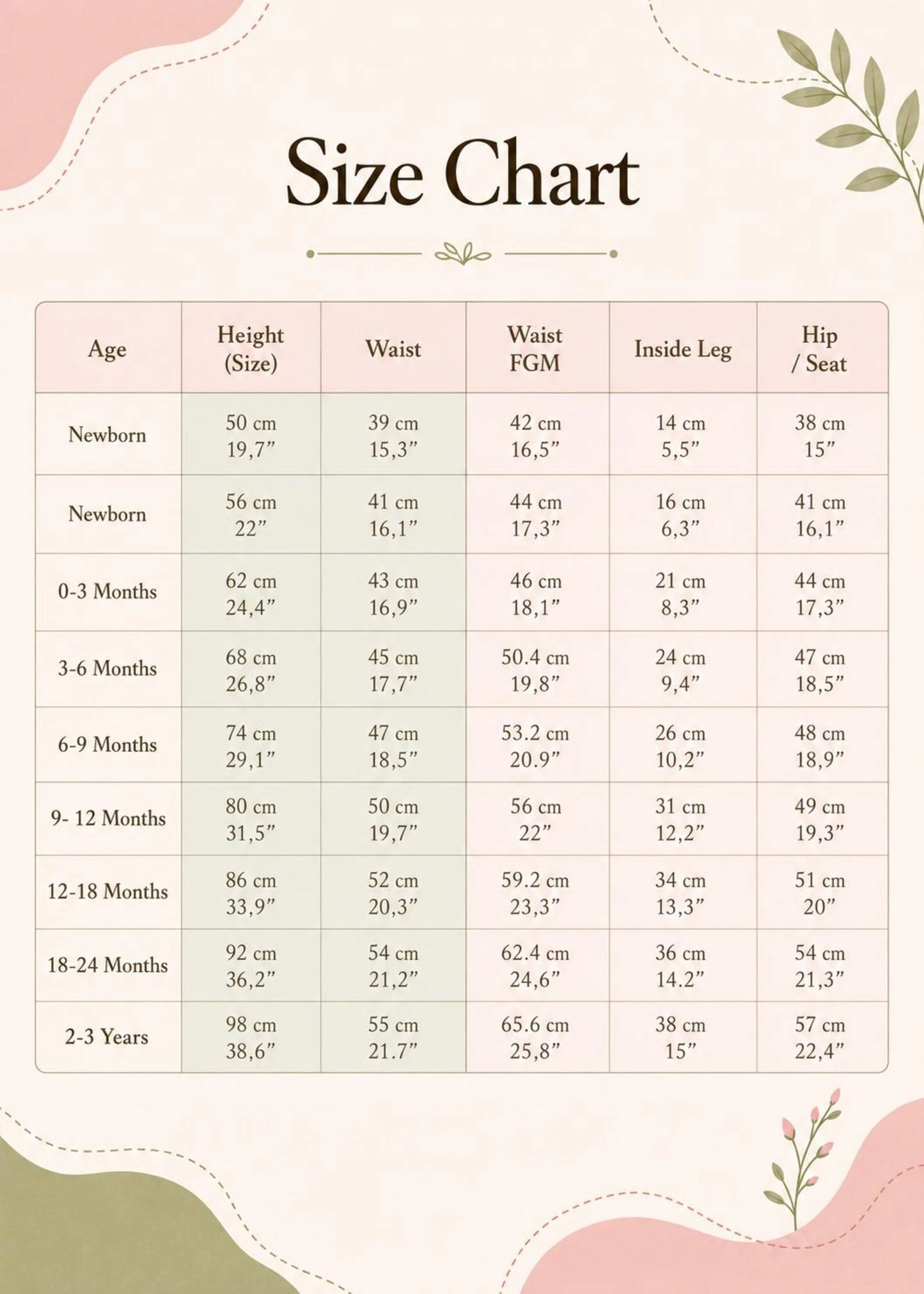 A size chart table with columns for Age, Height (Size), Waist (cm), Waist FGM, Inside Leg, and Hip/Seat. The chart is styled with a soft pink and beige background, decorative leaf illustrations, and the title 'Size Chart' at the top.
