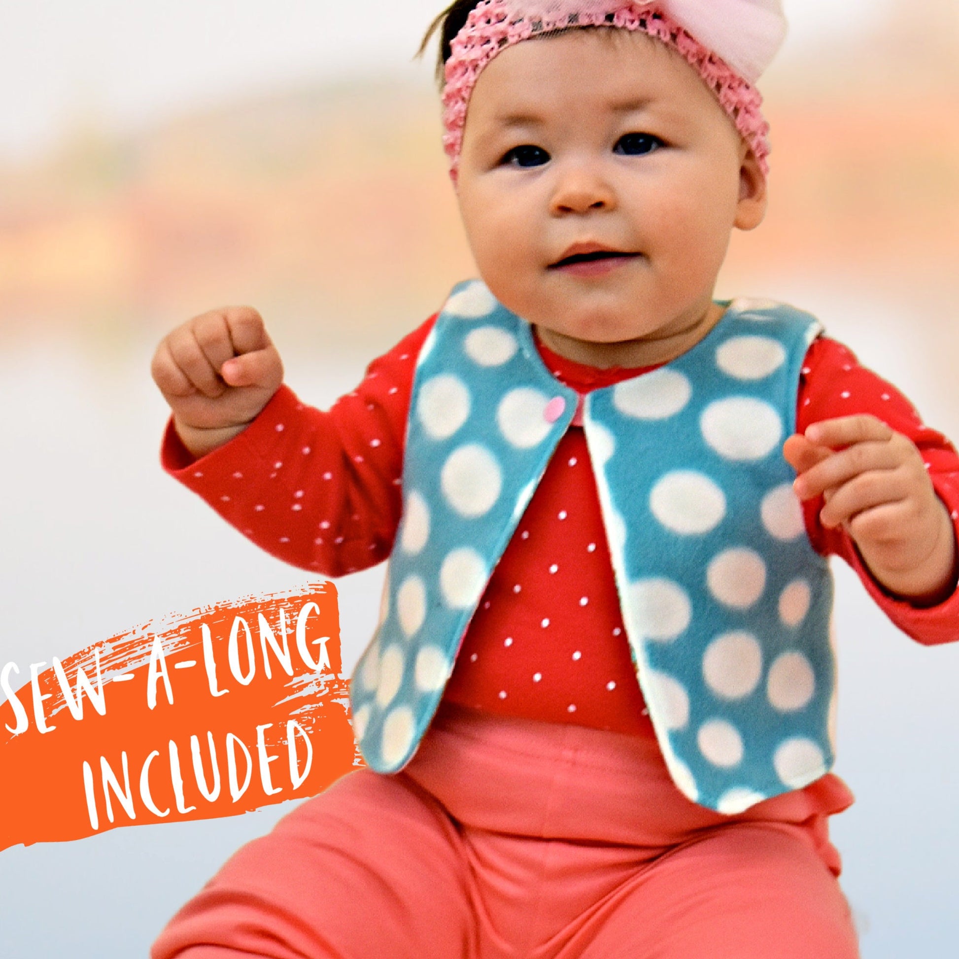 Baby vest, pdf sewing pattern, age 1-12. Fully reversible with cute KamSnap closure. In warm blue and white polka dot fleece and brushed cotton lining with large donut print.