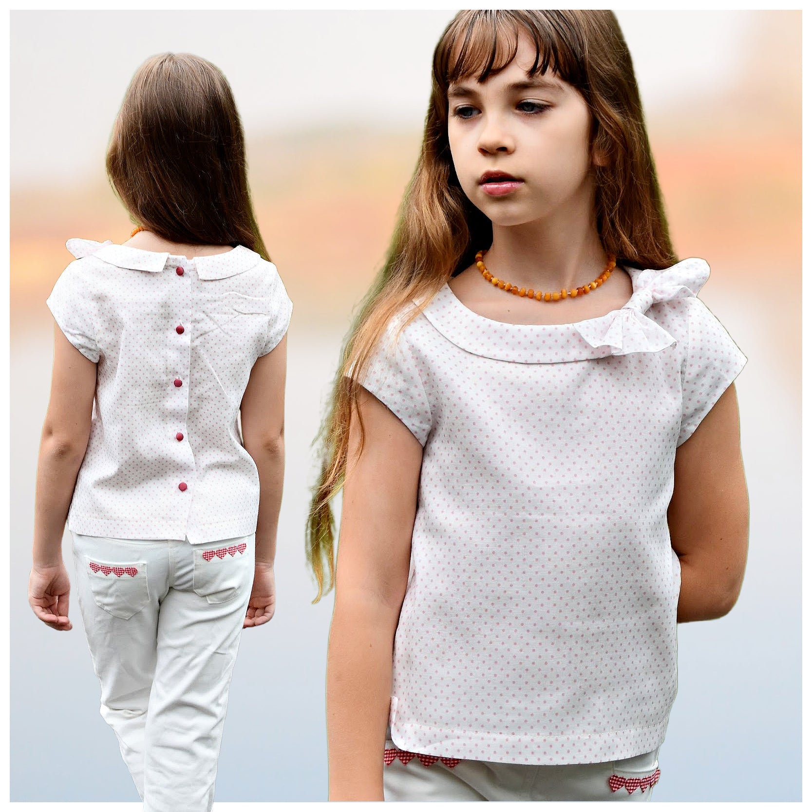 Beatrice blouse, pdf sewing pattern with assymmetrial collar and feature bow. Vute inset sleeves. Comes with YouTube sewing tutorial.