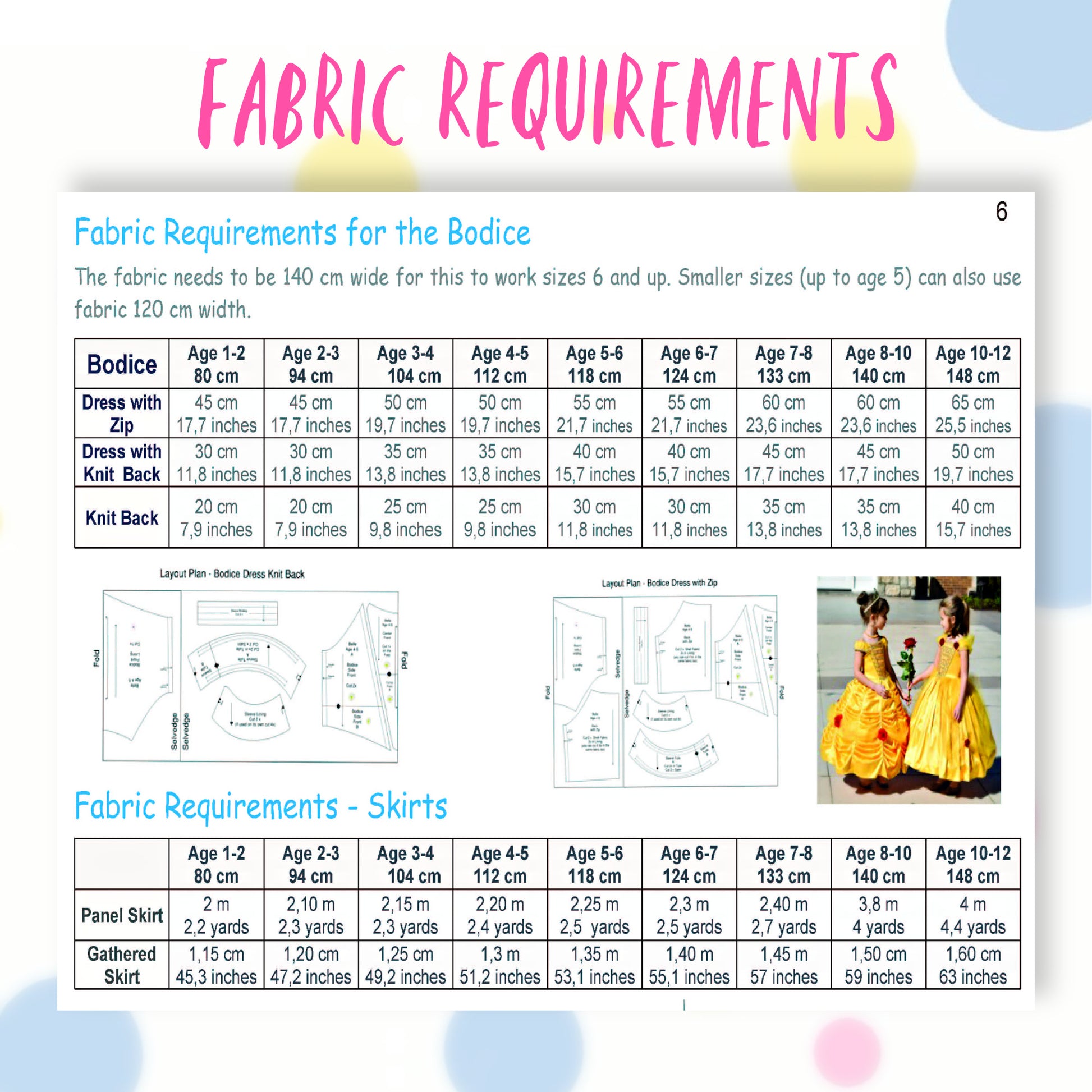 Belle costume, pdf sewing pattern by Frocks & Frolics. With classicrushed up skirt layers and panels. Gathered sleeve with embroidery and center front bodice. In gold duchess satin. With Video Tutorials for every step. Fabric requirements.