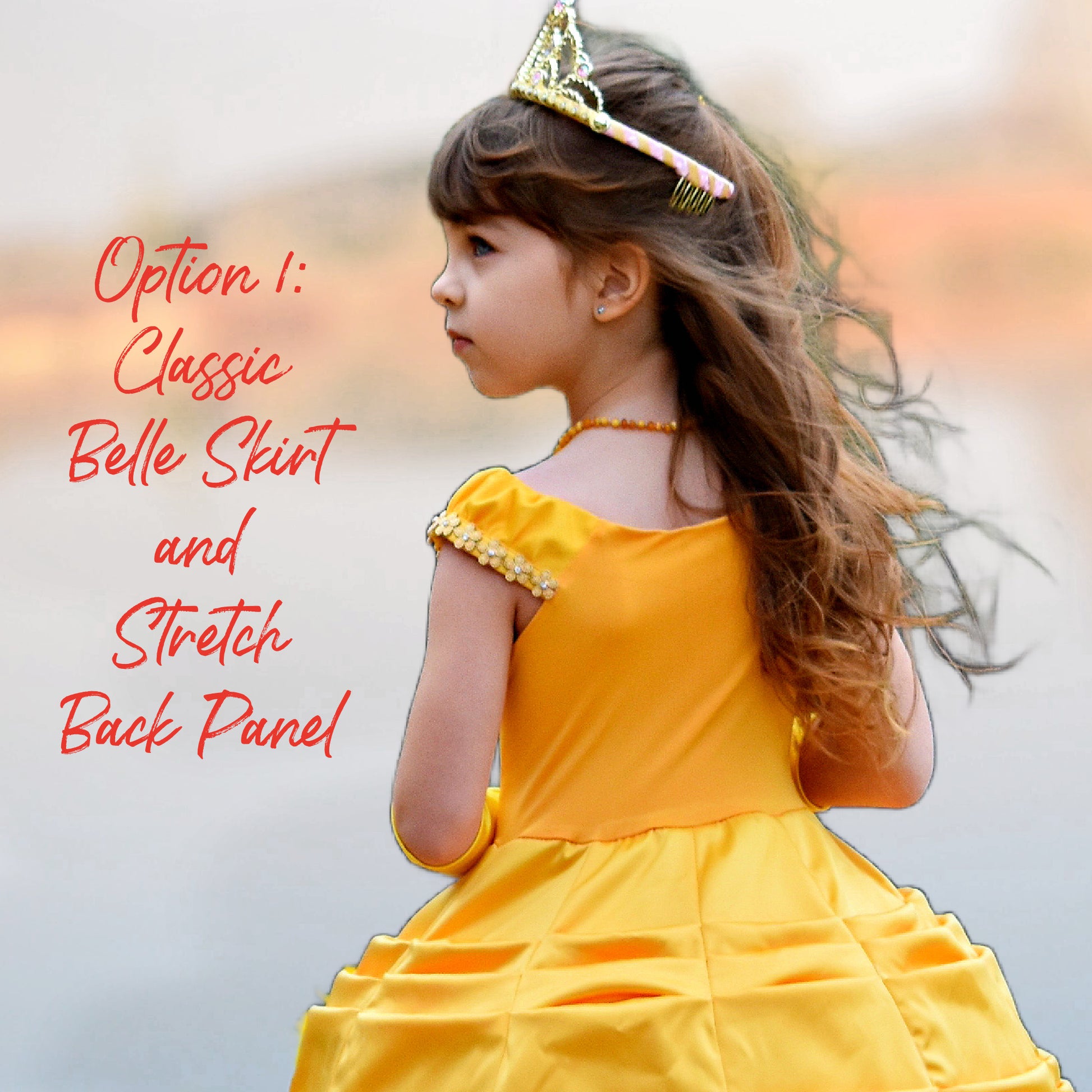 Belle costume, pdf sewing pattern by Frocks & Frolics. Jersey back as an option. In gold duchess satin. With Video Tutorials for every step.