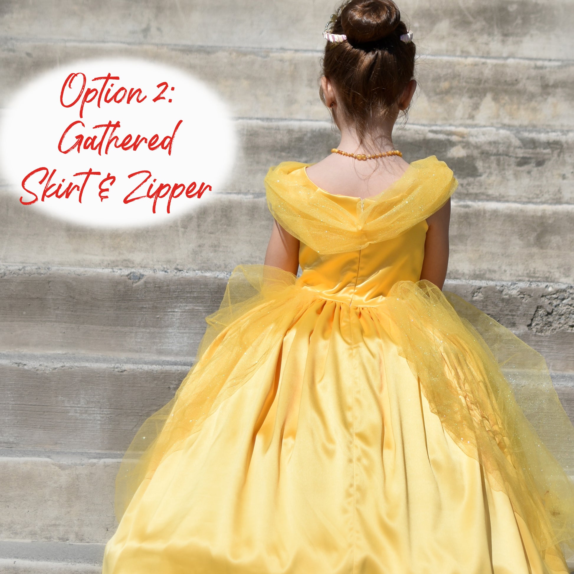 Belle costume, pdf sewing pattern by Frocks & Frolics. Gathered skirt with tulle lay over and concealed zipper. In gold duchess satin. With Video Tutorials for every step.