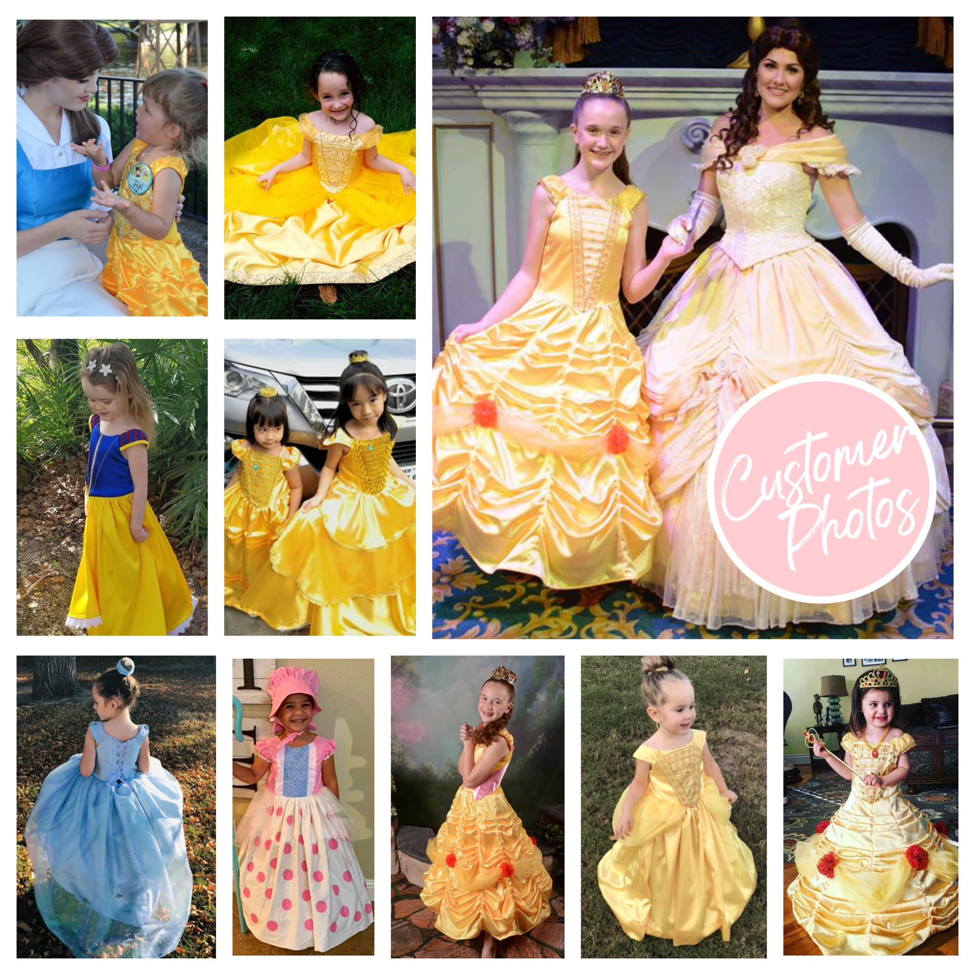 Belle costume, pdf sewing pattern by Frocks & Frolics. With classicrushed up skirt layers and panels. Gathered sleeve with embroidery and center front bodice. In gold duchess satin. With Video Tutorials for every step. Fabric requirements. Customer makes.
