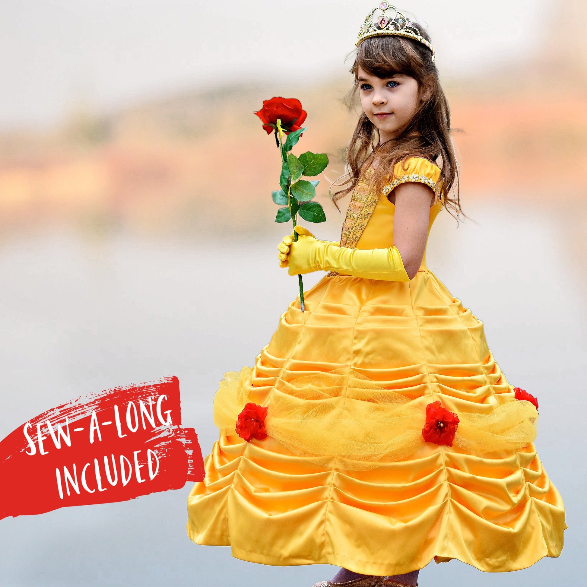 Belle costume, pdf sewing pattern by Frocks & Frolics. With classicrushed up skirt layers and panels. Gathered sleeve with embroidery and center front bodice. In gold duchess satin. With Video Tutorials for every step.