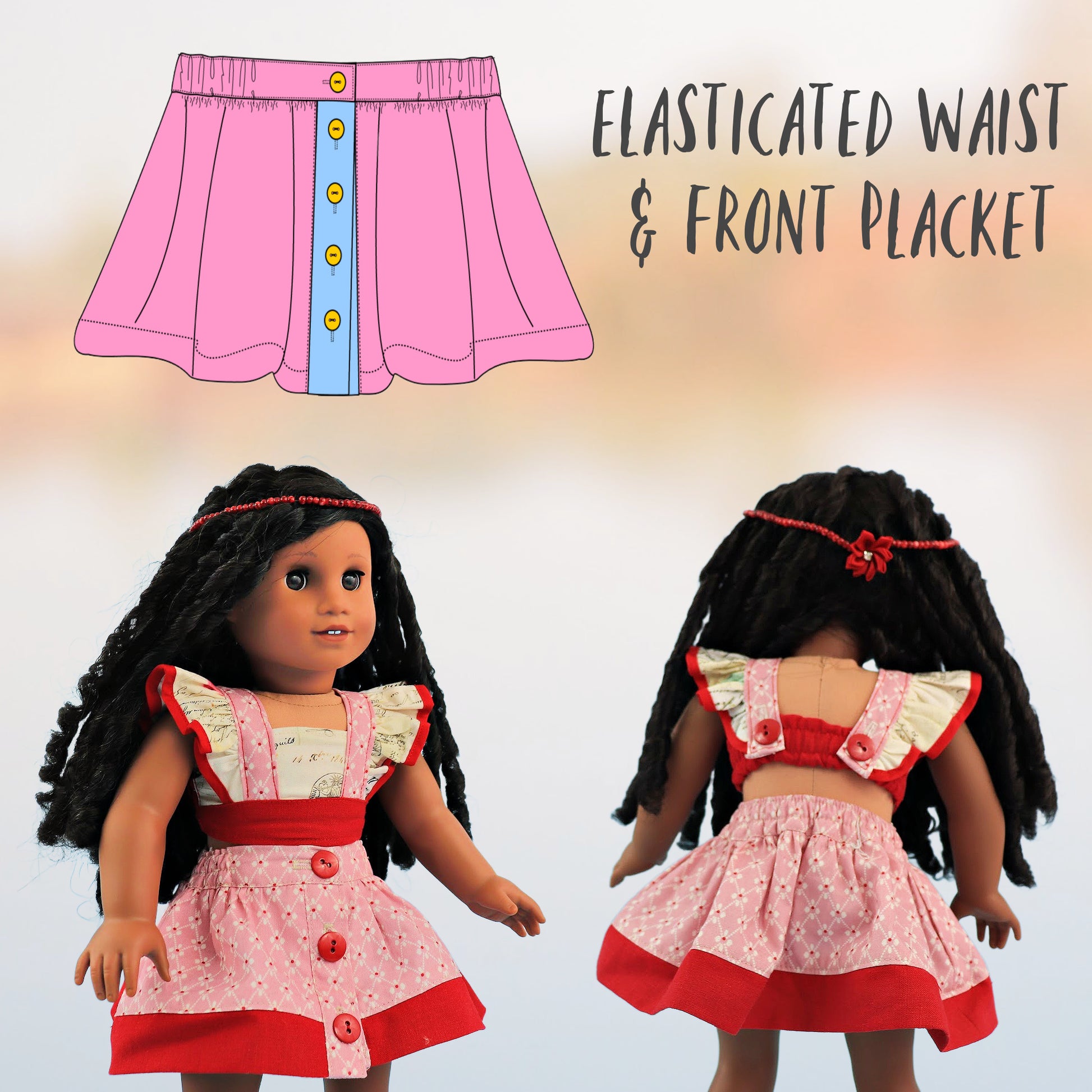 American girl doll, dressed in a flutter sleeve top and skirt. The skirt has a hem trim and is buttoned down the front. Both top and skirt are made using Michael Miller fabrics in pink cotton with a geometric pattern and a Letter themed print. Elasticated waist diagram.