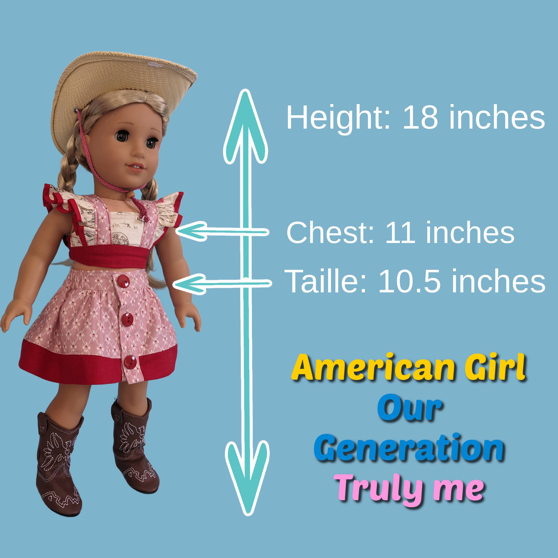 American girl doll, dressed in a flutter sleeve top and skirt. The skirt has a hem trim and is buttoned down the front. Both top and skirt are made using Michael Miller fabrics in pink cotton with a geometric pattern and a Letter themed print. Size chart.