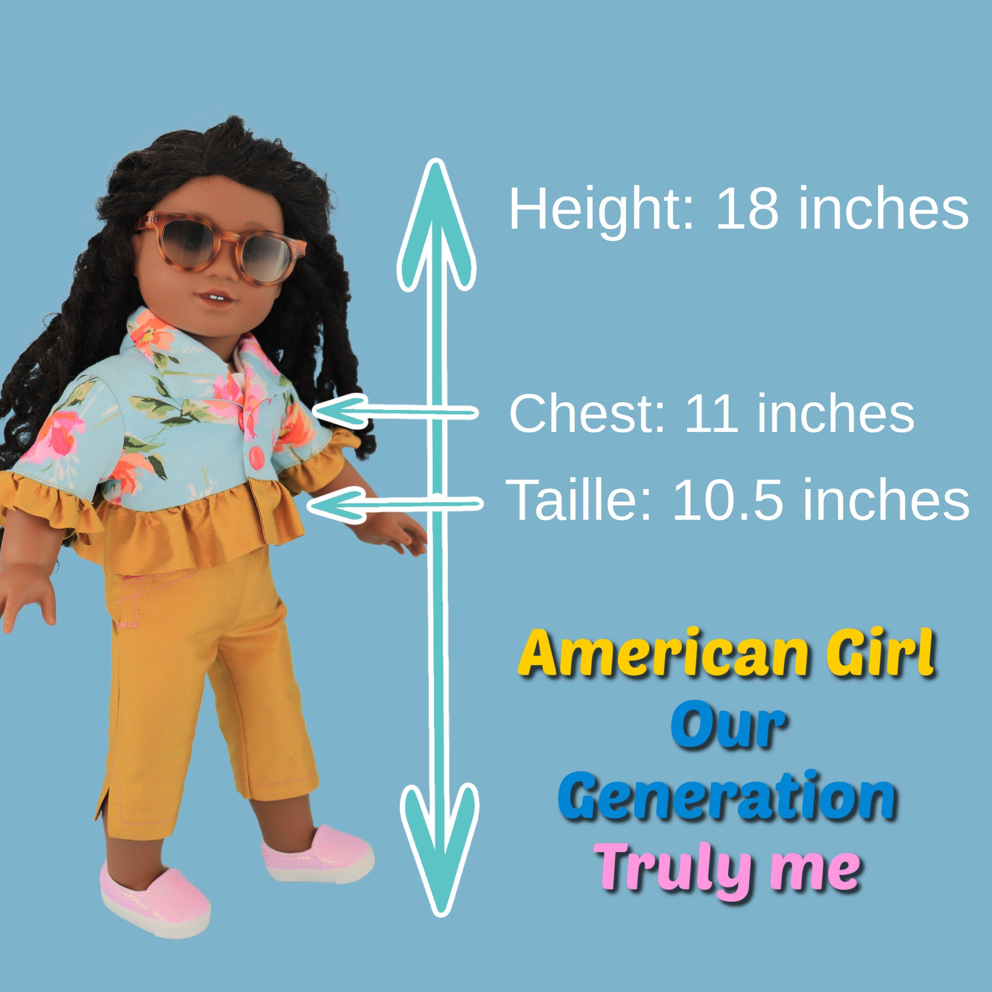 American Girl Doll pdf sewing pattern, pants, capri pants, Bolero jacket with detailed video tutorial. Size chart