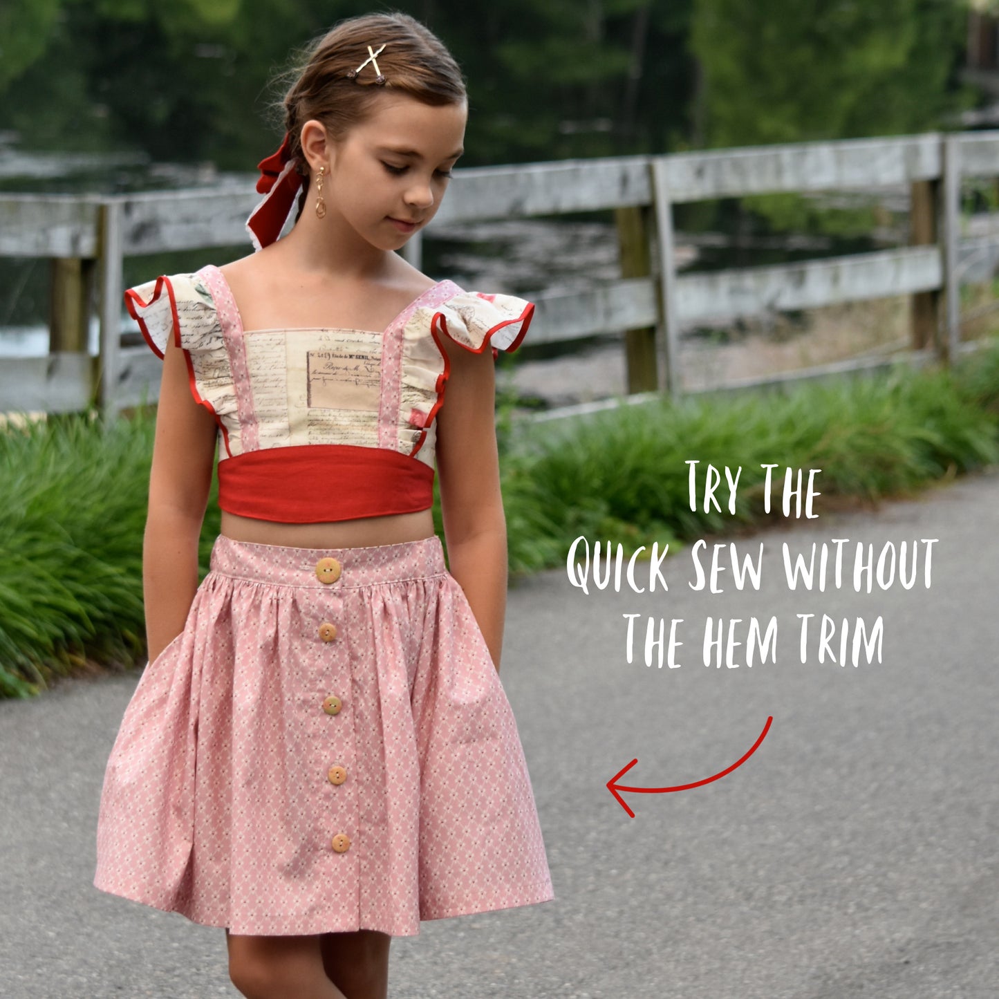Betsy skirt, pdf sewing pattern by Frocks & Frolics. Skirt features a waistband with elastic in the back, a button down front and a deep hem trim. All version have step by step video tutorials completely free with the pattern.