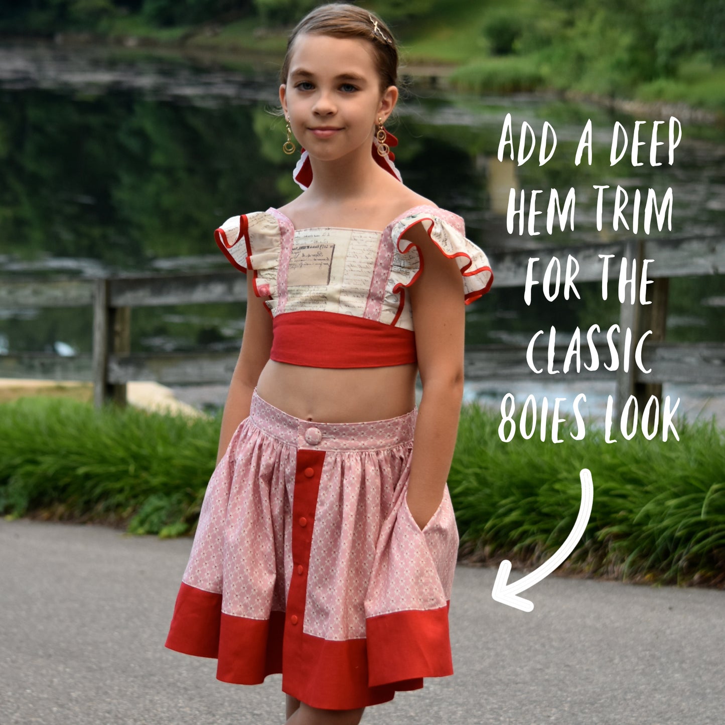 Betsy skirt, pdf sewing pattern by Frocks & Frolics. Skirt features a waistband with elastic in the back, a button down front and a deep hem trim. All version have step by step video tutorials completely free with the pattern.