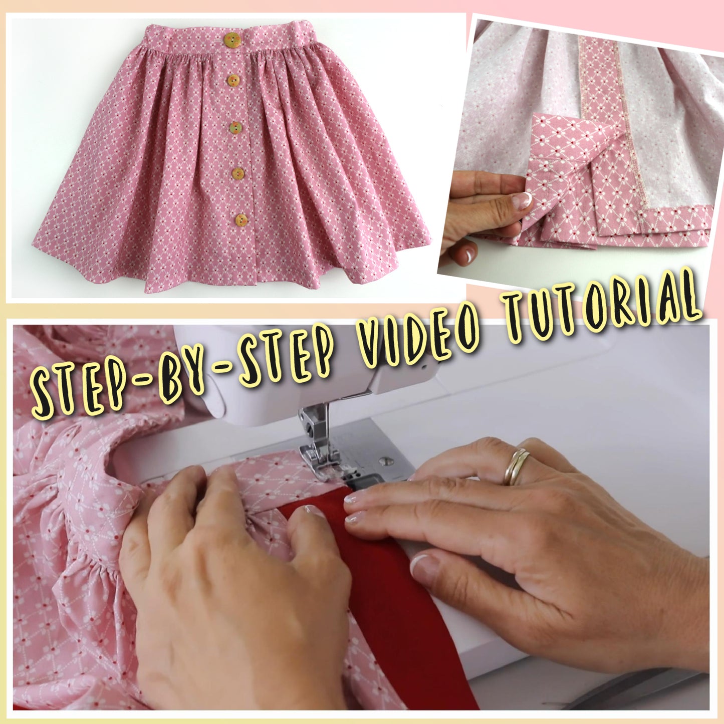 Betsy skirt, pdf sewing pattern by Frocks & Frolics. Skirt features a waistband with elastic in the back, a button down front and a deep hem trim. All version have step by step video tutorials completely free with the pattern.