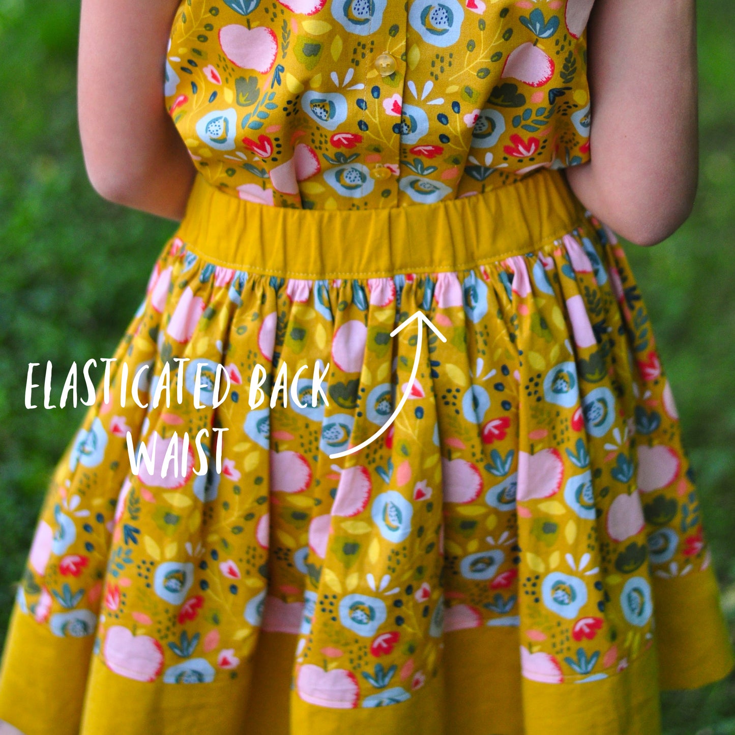 Betsy skirt, pdf sewing pattern by Frocks & Frolics. Skirt features a waistband with elastic in the back, a button down front and a deep hem trim. All version have step by step video tutorials completely free with the pattern.