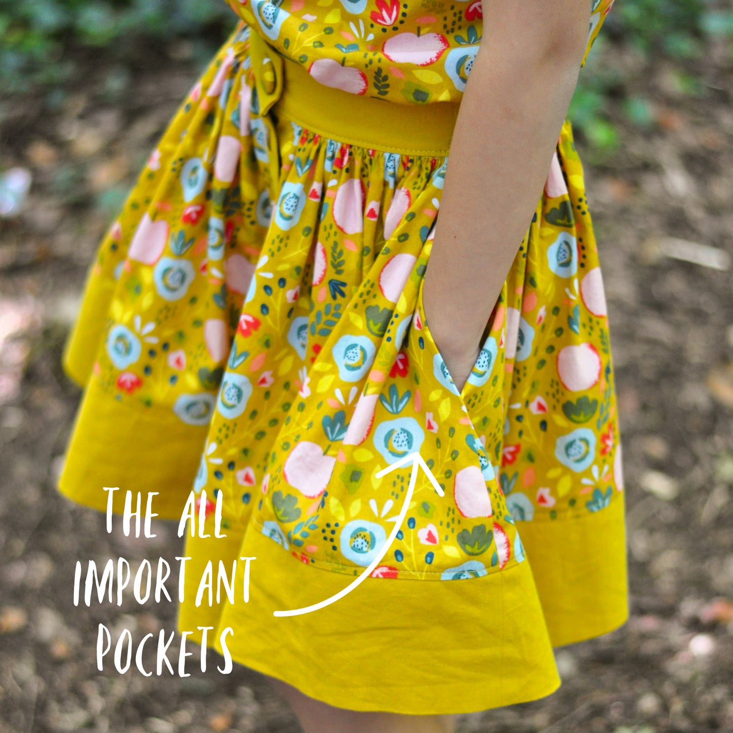 Betsy skirt, pdf sewing pattern by Frocks & Frolics. Skirt features a waistband with elastic in the back, a button down front and a deep hem trim. All version have step by step video tutorials completely free with the pattern.