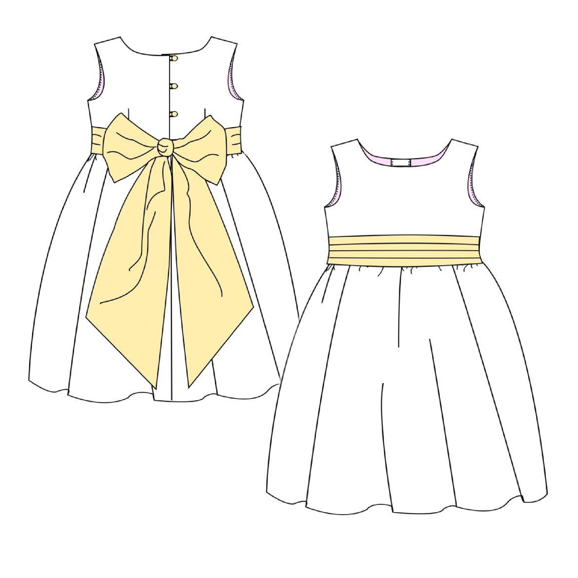 Flower girl dress pdf sewing pattern, cummerbund sash, big bow, classic flower girl frock, pink sash, cream bodice, covered buttons, rouleaux loop fastening. Free You Tube Video playlist. View of cummerbund and pearl embroidery.