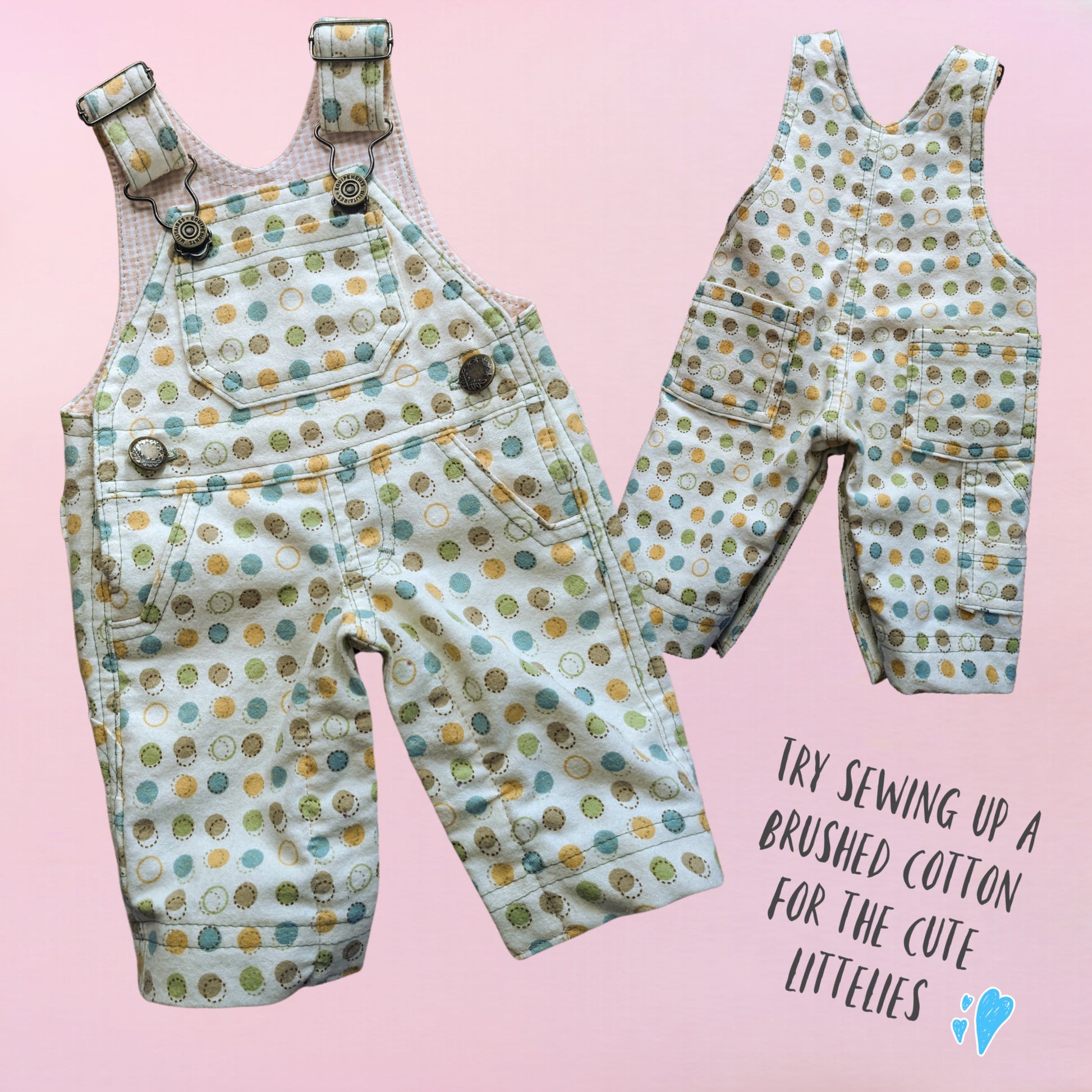 Bobby Dazzler overalls pdf sewing pattern. Short version. Classic dungaree pattern by Frocks and Frolics. Features leg opening for nappy changes, western pockets, a bib, snaps and metal jeans buttons. Sewing pattern includes a video course.