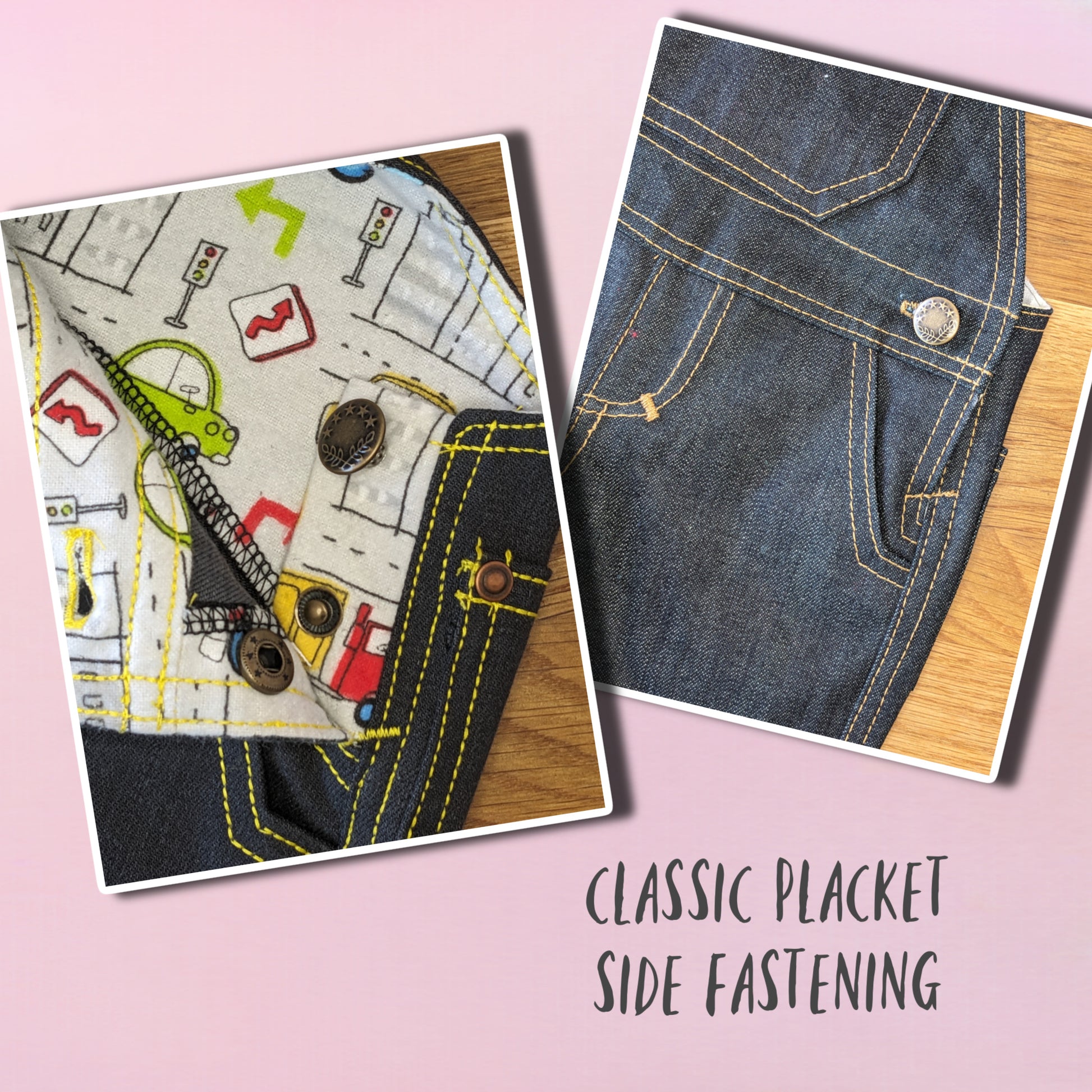 Bobby Dazzler overalls pdf sewing pattern. Short version. Classic dungaree pattern by Frocks and Frolics. Features leg opening for nappy changes, western pockets, a bib, snaps and metal jeans buttons. Sewing pattern includes a video course.