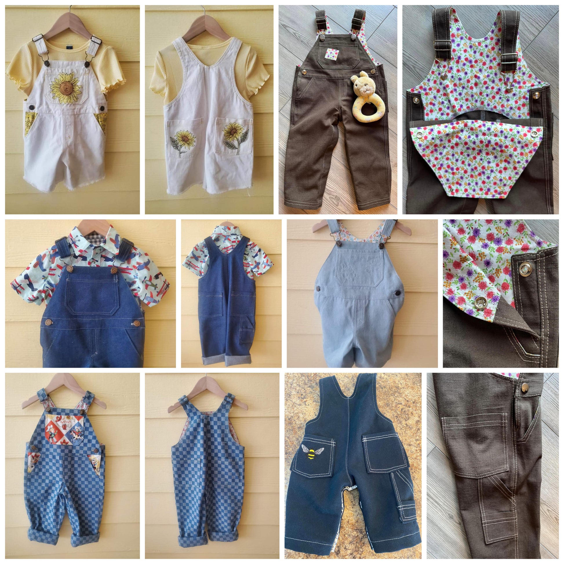 Bobby Dazzler overalls pdf sewing pattern. Short version. Classic dungaree pattern by Frocks and Frolics. Features leg opening for nappy changes, western pockets, a bib, snaps and metal jeans buttons. Sewing pattern includes a video course.