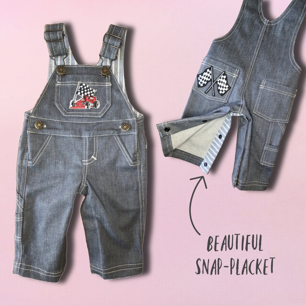 Bobby Dazzler overalls pdf sewing pattern. Short version. Classic dungaree pattern by Frocks and Frolics. Features leg opening for nappy changes, western pockets, a bib, snaps and metal jeans buttons. Sewing pattern includes a video course.