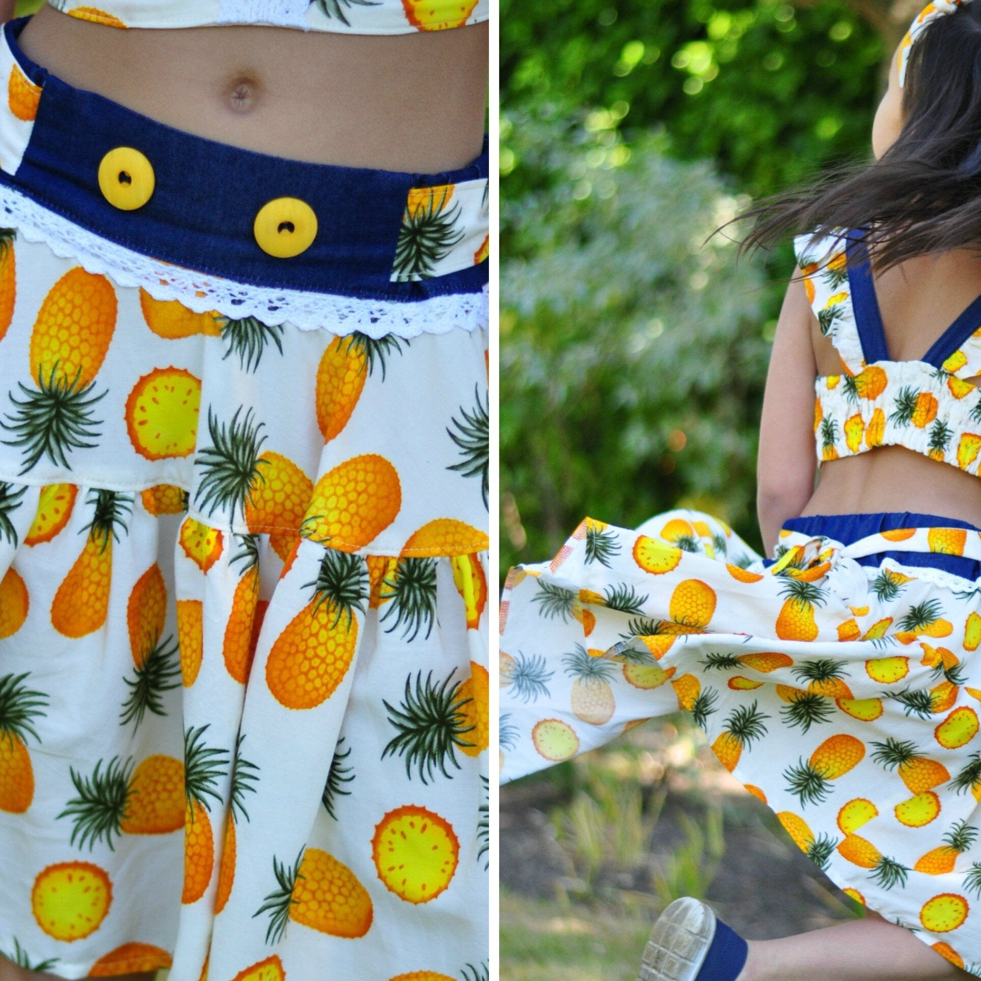 Bonnie twirl skirt with yoke and a gathered circle skirt. With gorgeous lace trim and generous back ties, pdf sewing pattern by frocks and frolics.