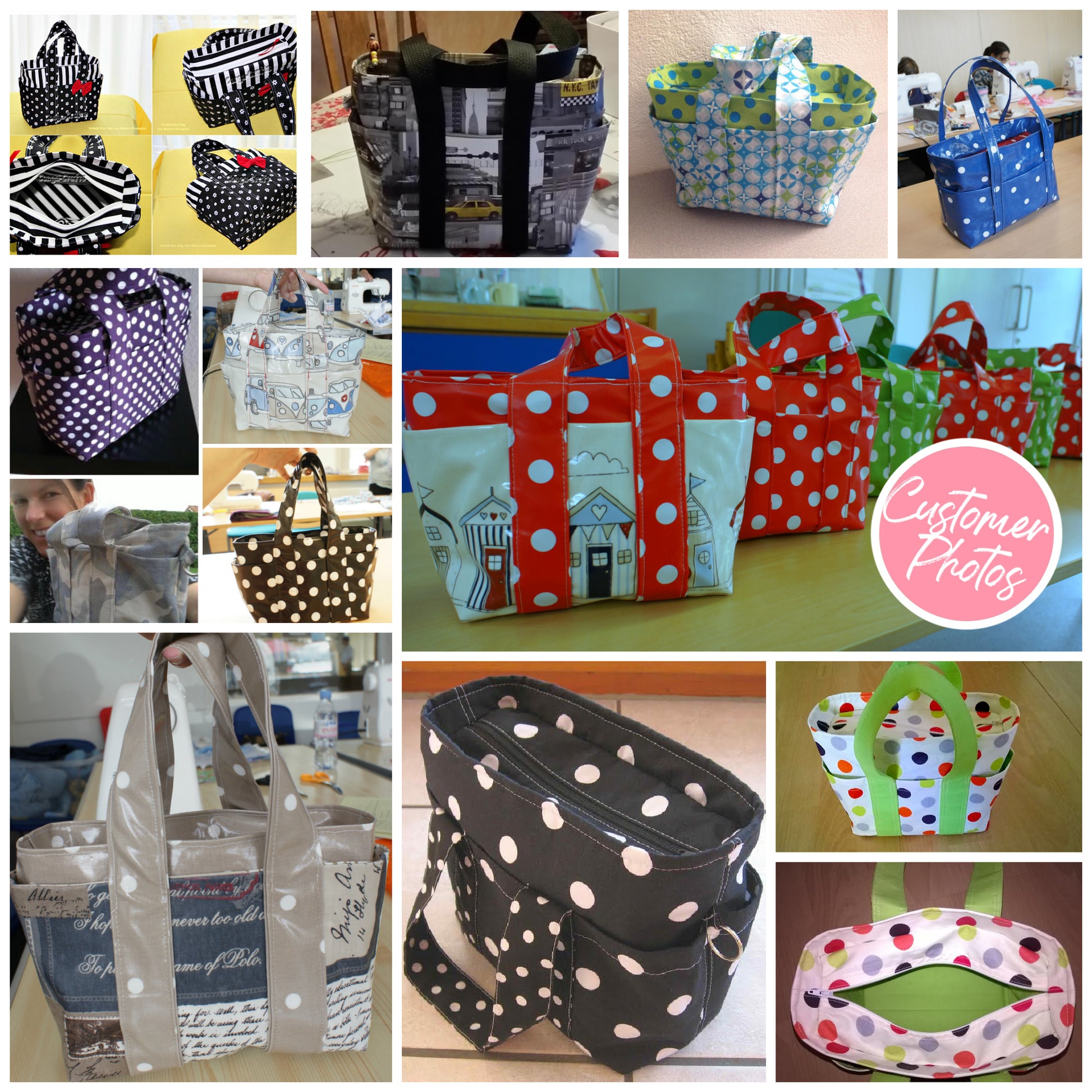 Mini tote bag customer photos. This pdf sewing pattern comes with a video guide.