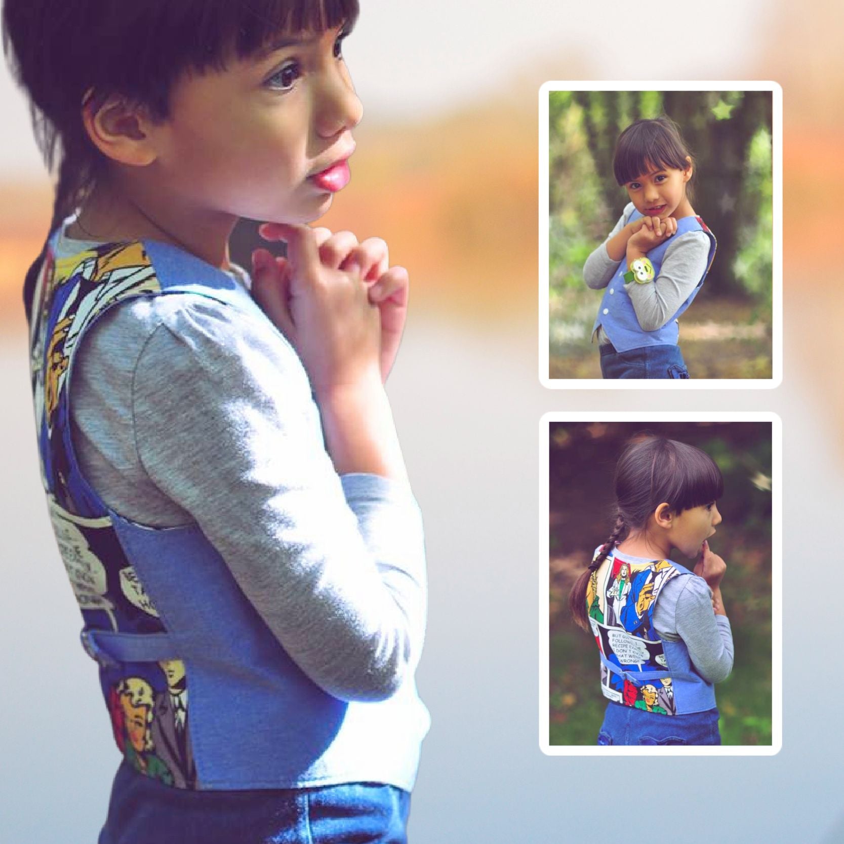 Brooklyn waistcoat, pdf sewing pattern by frocks and frolics. Fully lined with tie backs. With Marvel heros printed fabric for the back. Includes a free video sewing course.