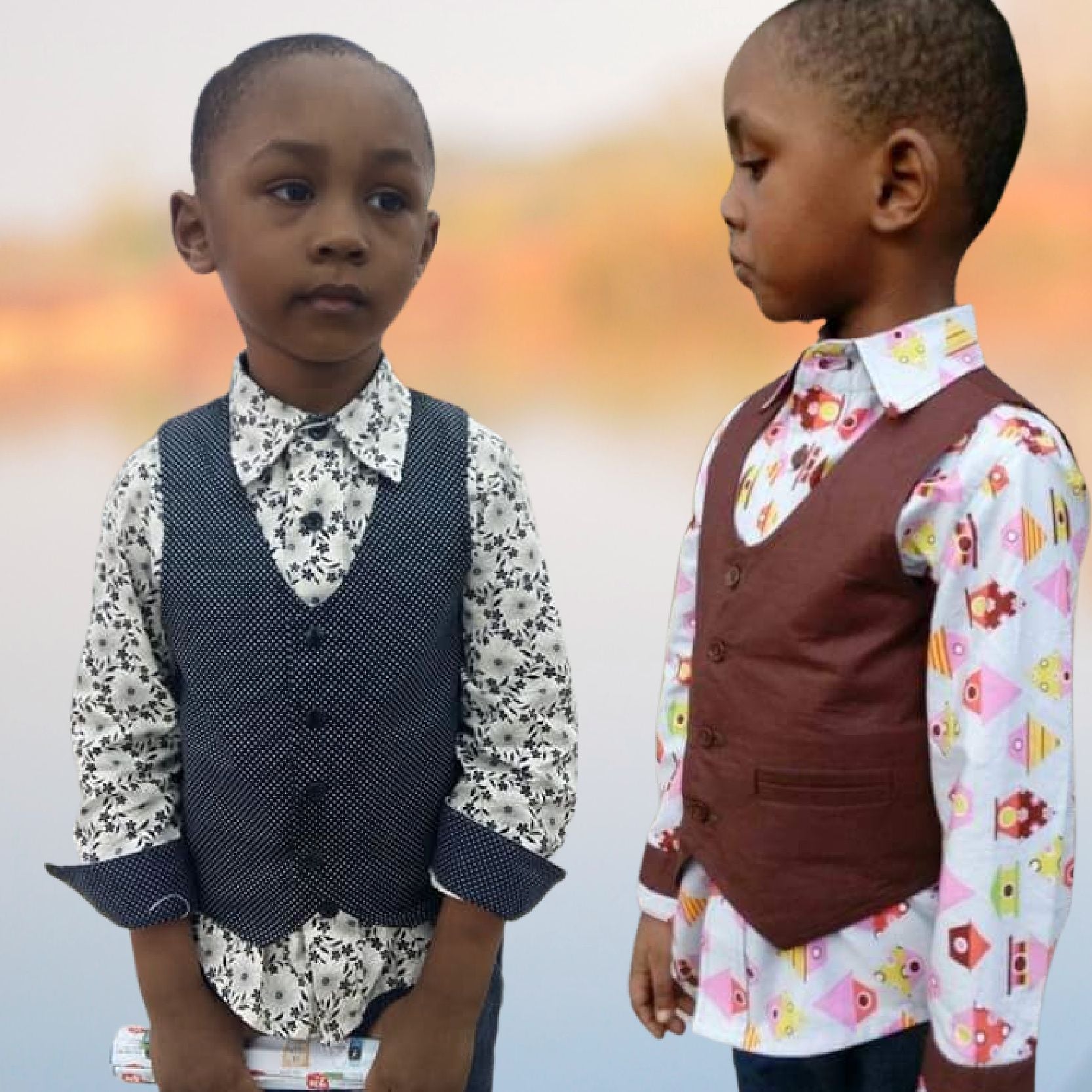 Brooklyn waistcoat, pdf sewing pattern by frocks and frolics. Fully lined with tie backs. Two boys in their Sunday best vests. Includes a free video sewing course.