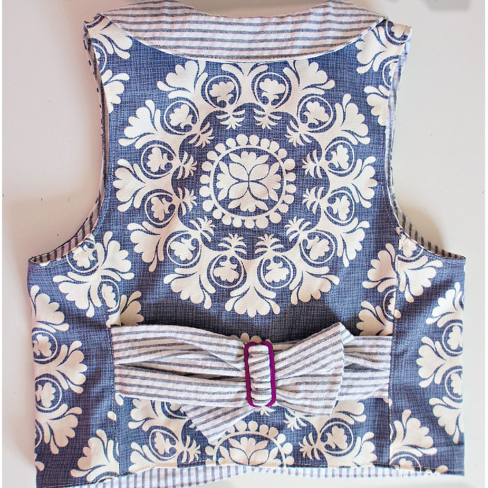 Brooklyn waistcoat, pdf sewing pattern by frocks and frolics. Fully lined with tie backs. Back view. Includes a free video sewing course.