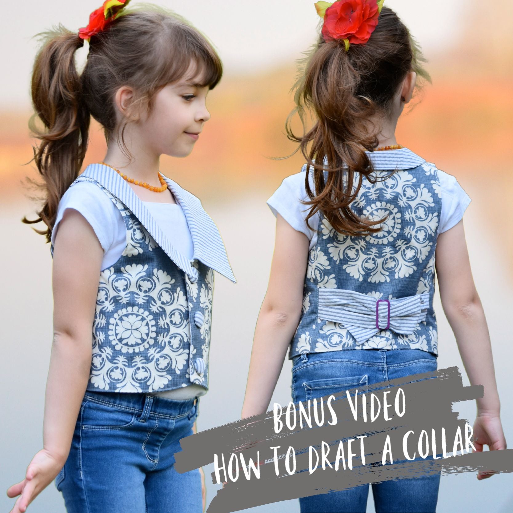 Brooklyn waistcoat, pdf sewing pattern by frocks and frolics. Fully lined with tie backs. Side and back view of waistcoat with collar. Includes a free video sewing course.