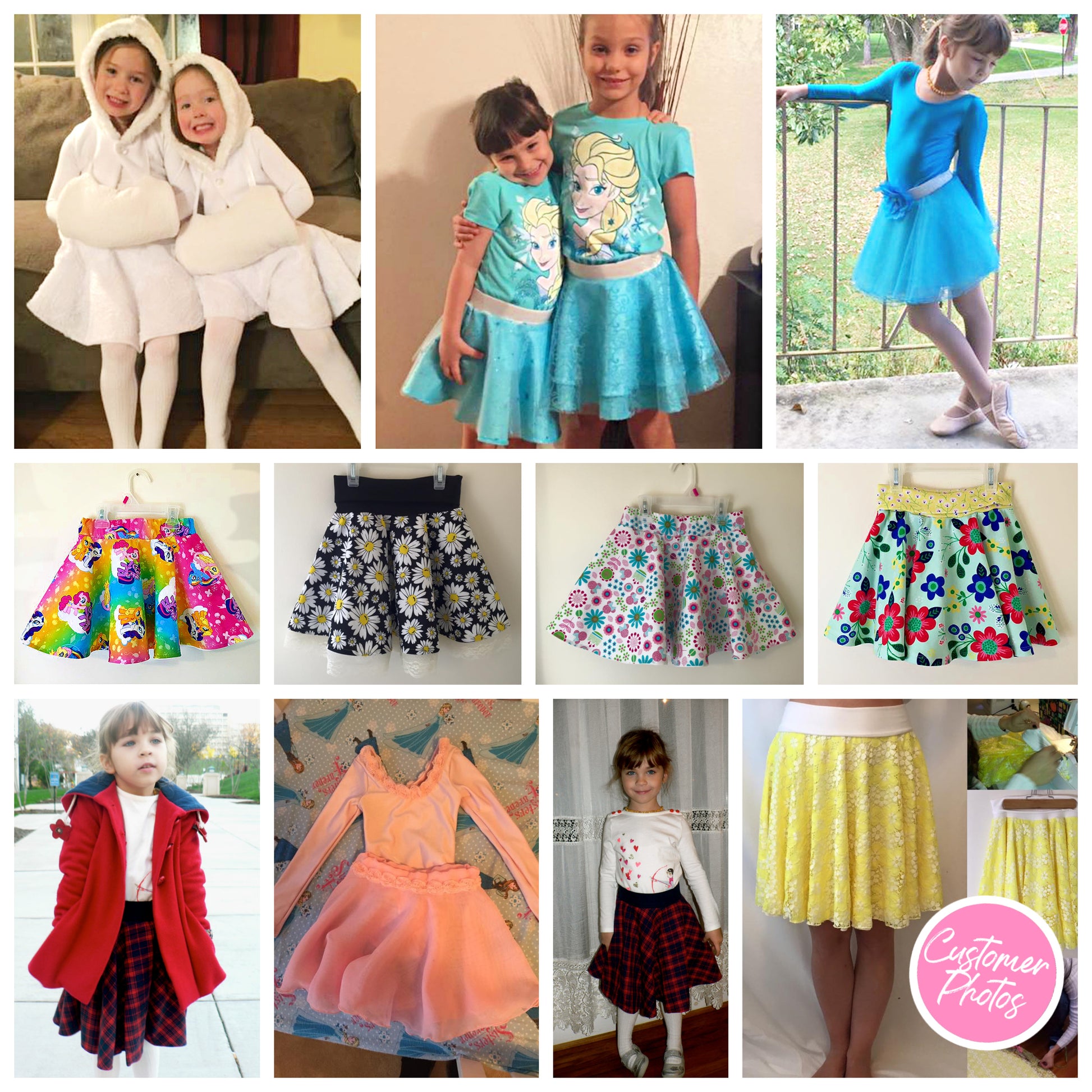 Circle skirt pdf sewing pattern by frocks and frolics. Three different waistband option. Each skirt has a video tutorial explaining every step. Here with yoga waistband and jersey skirt. Customer photos.
