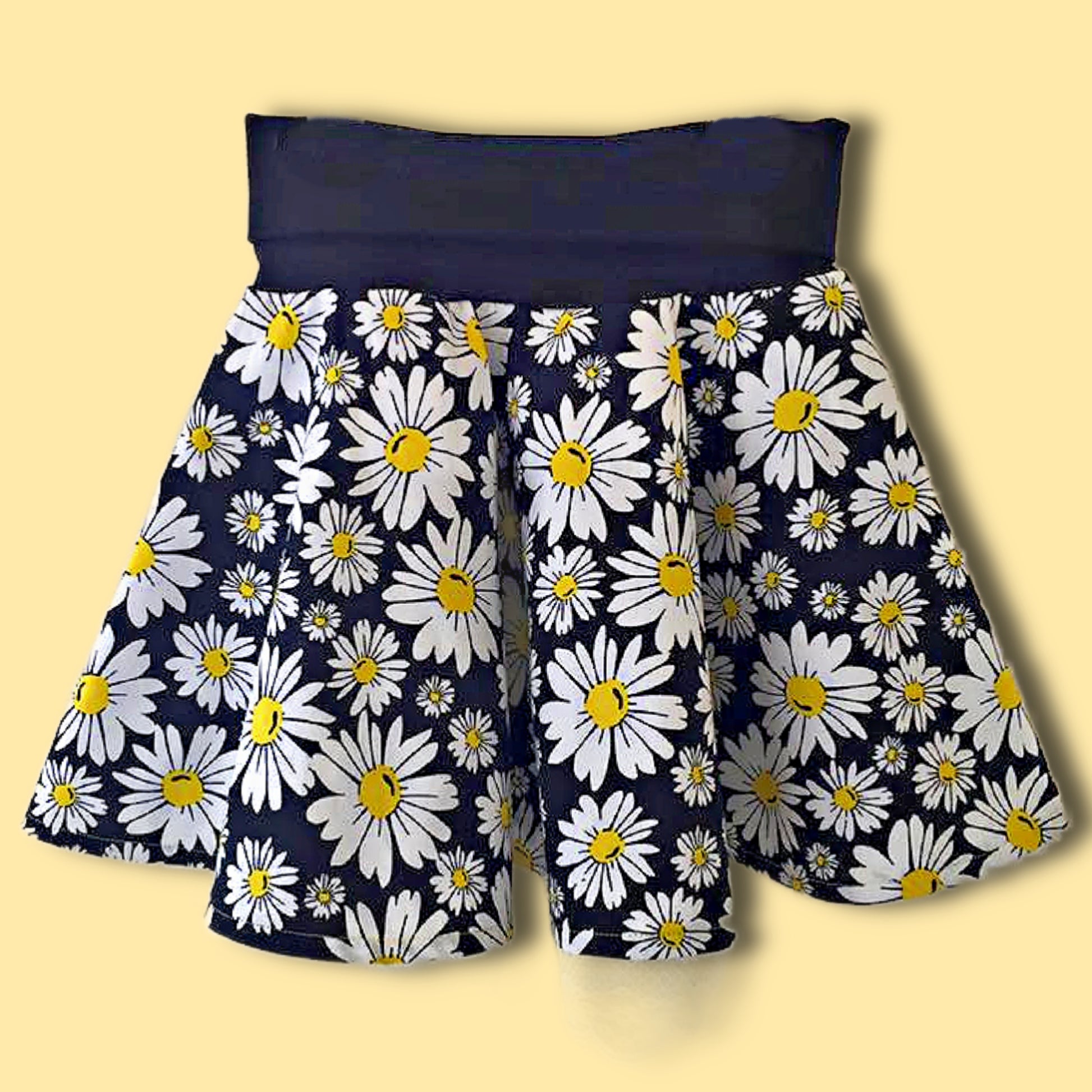 Circle skirt pdf sewing pattern by frocks and frolics. Three different waistband option, here with two way stretch knit and yoga waistband. Each skirt has a video tutorial explaining every step.