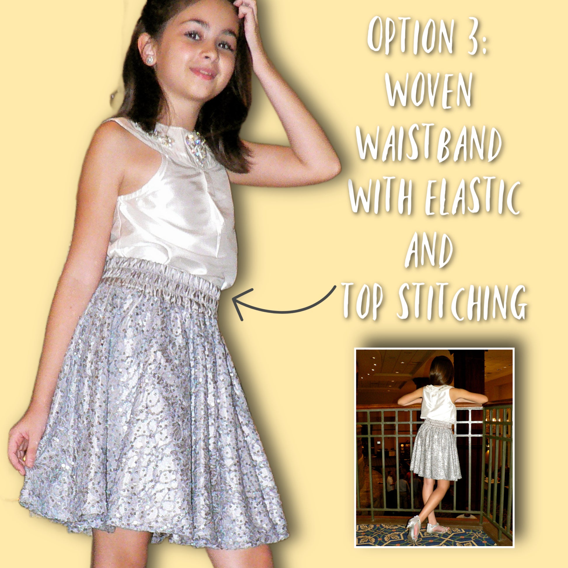 Circle skirt pdf sewing pattern by frocks and frolics. Three different waistband option, here with embroidered net fabric, satin lining and satin waistband. Each skirt has a video tutorial explaining every step. Here with yoga waistband and jersey skirt.