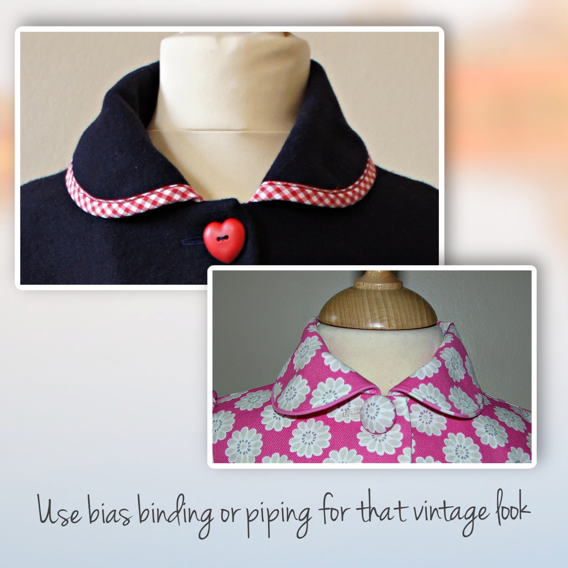 Charlotte girls coat, pdf sewing pattern by Frocks & Frolics. Long puff sleeves with cuffs and tabs. Featuring a yoke and rounded collar. Close up of piping and binding collar detail. Includes video tutorials.