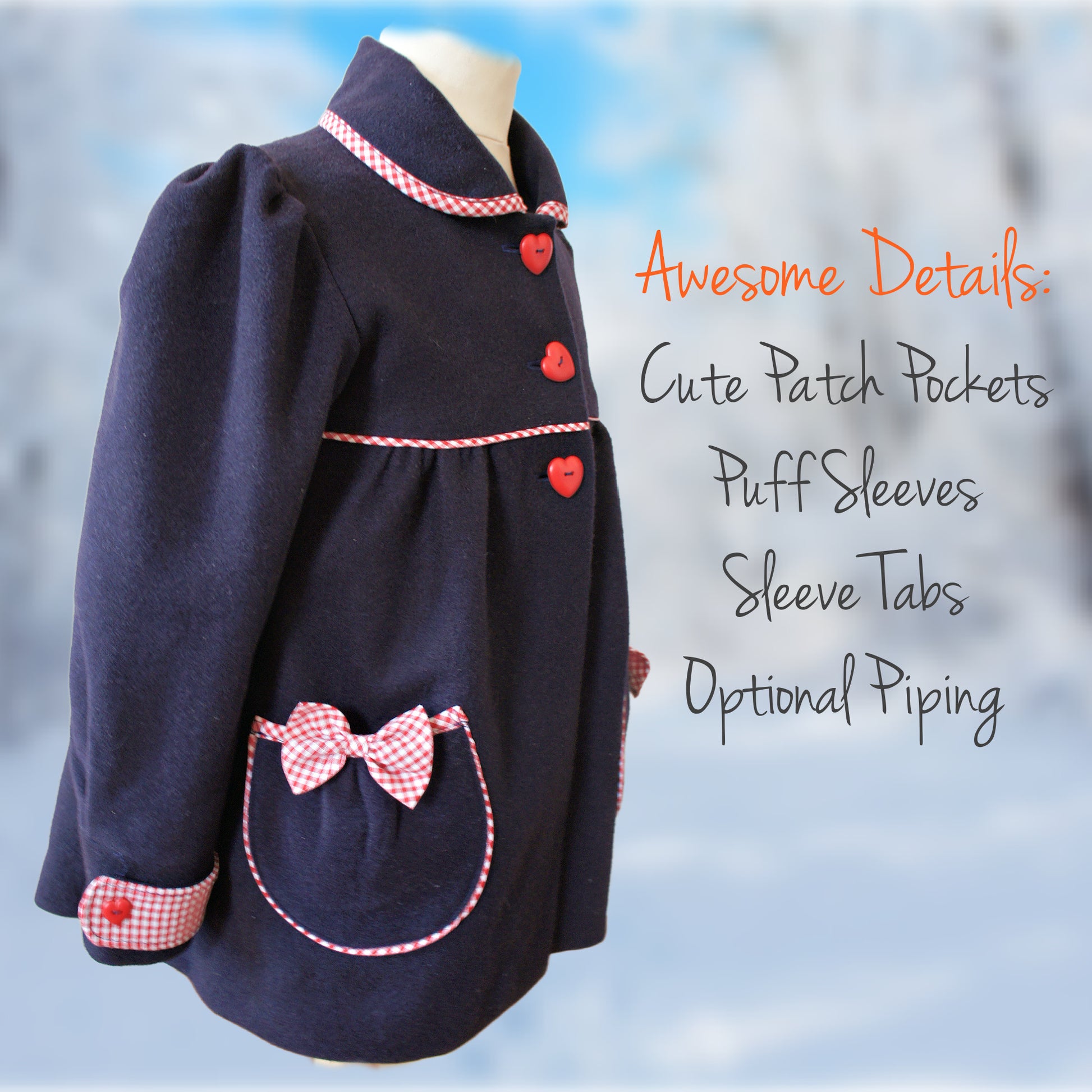 Charlotte girls coat, pdf sewing pattern by Frocks & Frolics. In boiled dark blue wool and red and white gingham trim. Long puff sleeves with cuffs and tabs. Featuring a yoke and rounded collar.