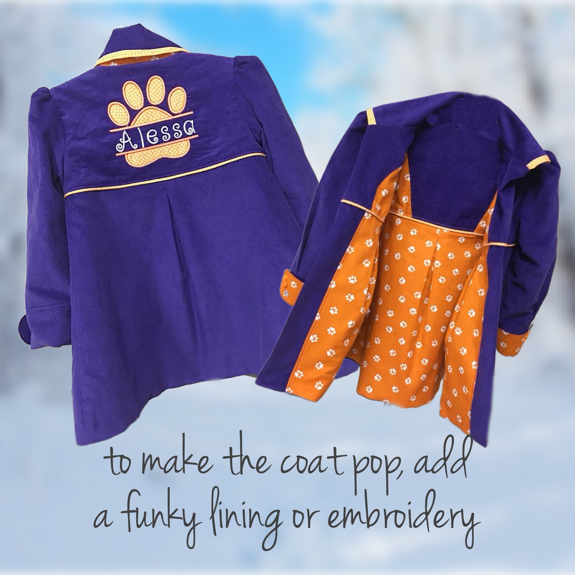 Charlotte girls coat, pdf sewing pattern by Frocks & Frolics. In heart shaped white polka dots on grey cotton with gingham lining.. Long puff sleeves with cuffs and tabs. Featuring a yoke and rounded collar.