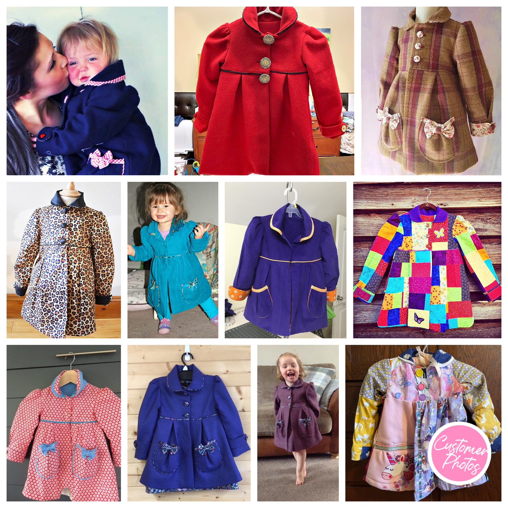 Charlotte girls coat, pdf sewing pattern by Frocks & Frolics. Long puff sleeves with cuffs and tabs. Featuring a yoke and rounded collar. Customer photos.