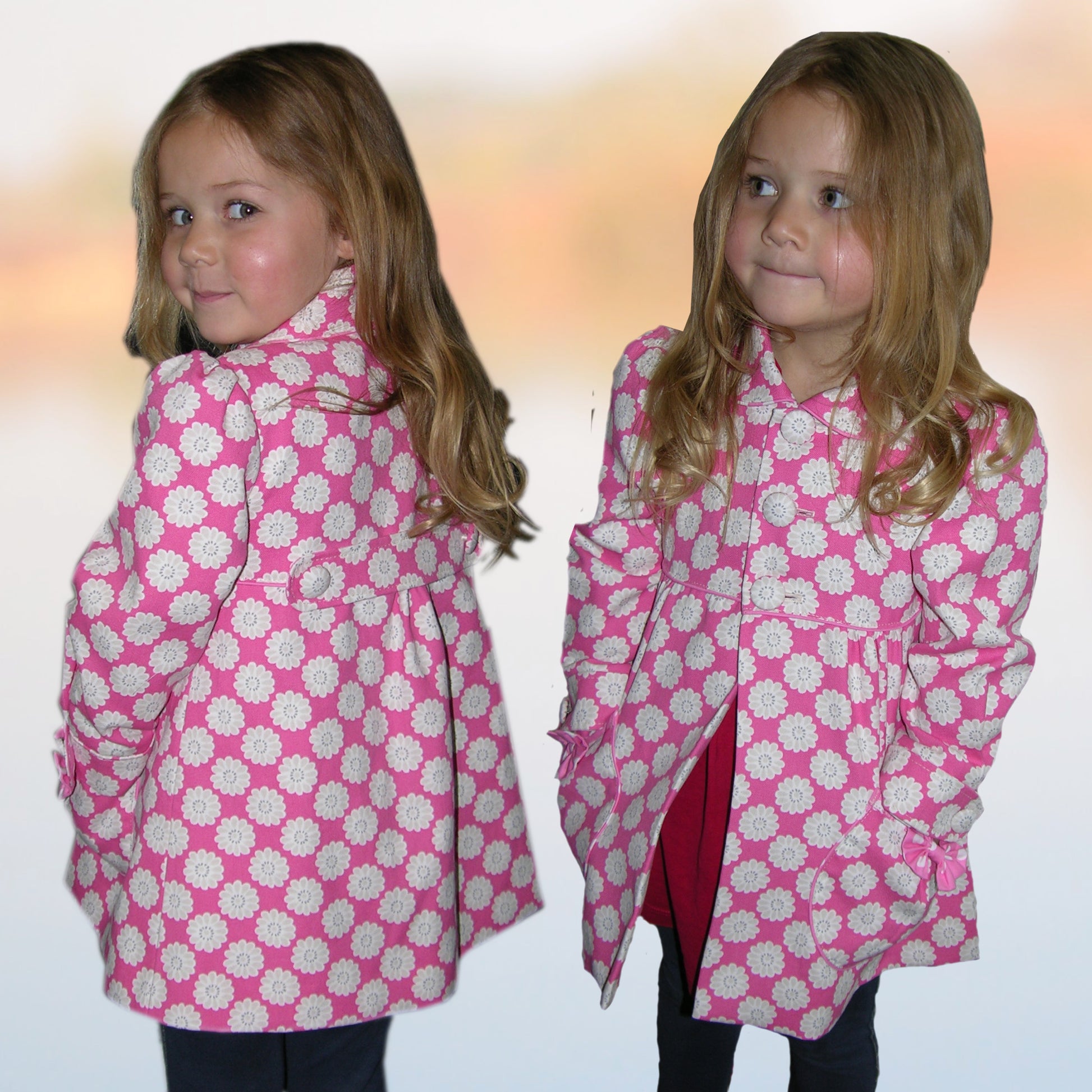 Charlotte girls coat, pdf sewing pattern by Frocks & Frolics. In upholstery cotton with large flower print. Long puff sleeves with cuffs and tabs. Featuring a yoke and rounded collar.