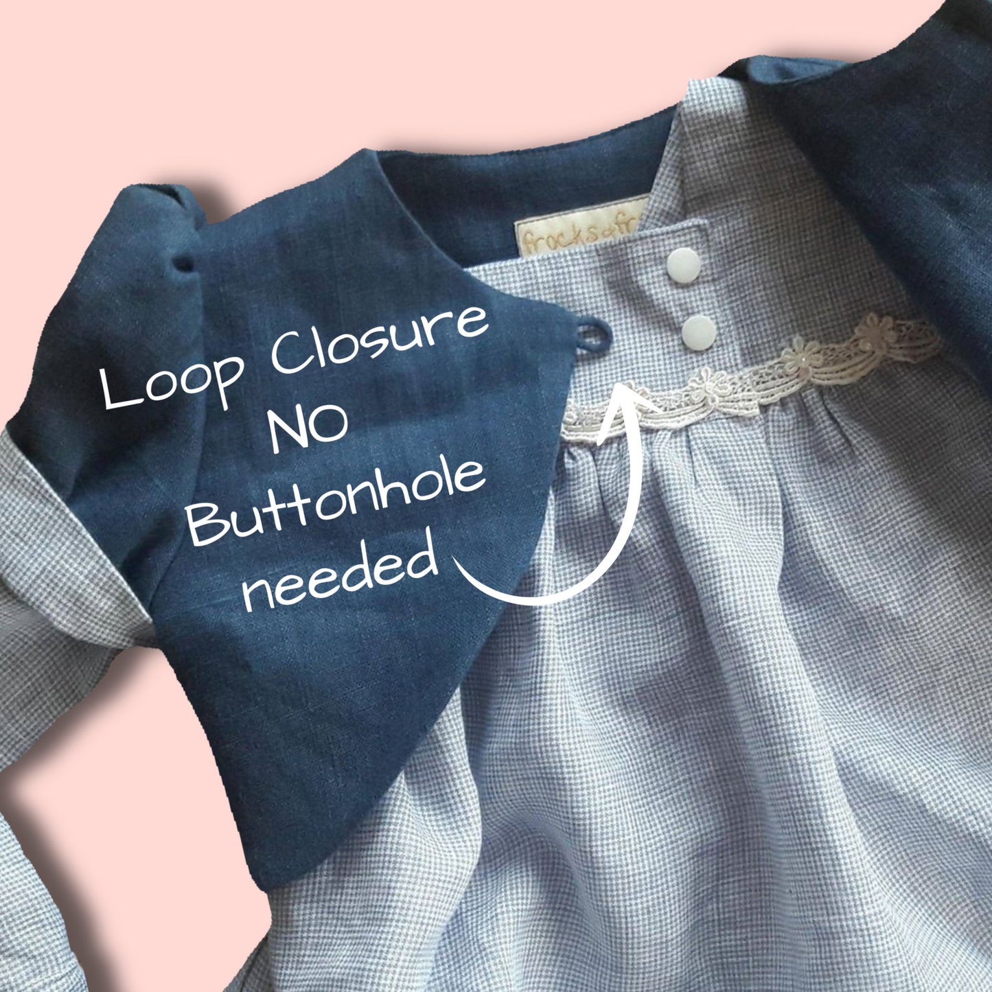 Bolero jacket, pdf sewing pattern by frocks and frolics. With puff sleeves or elasticated sleeves or pretty bias binding. Fully lined. In blue linen with Gingham lining and sleeve cuffs.