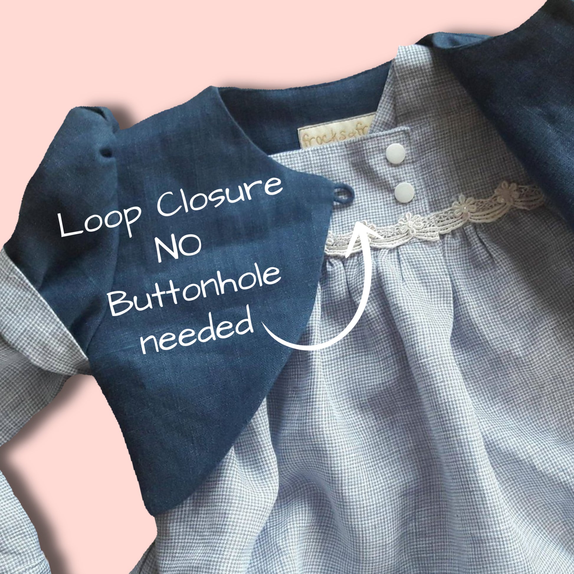 Bolero jacket, pdf sewing pattern by frocks and frolics. With puff sleeves or elasticated sleeves or pretty bias binding. Fully lined. In blue linen with Gingham lining and sleeve cuffs.