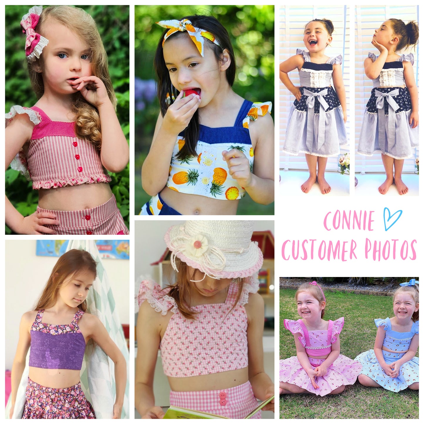 Connie blouse, pdf sewing pattern by Frocks & Frolics. Featuring a decorative yoke in blue linen. Cute flutter sleeves in and bodice in a pinapple print. Customer photos